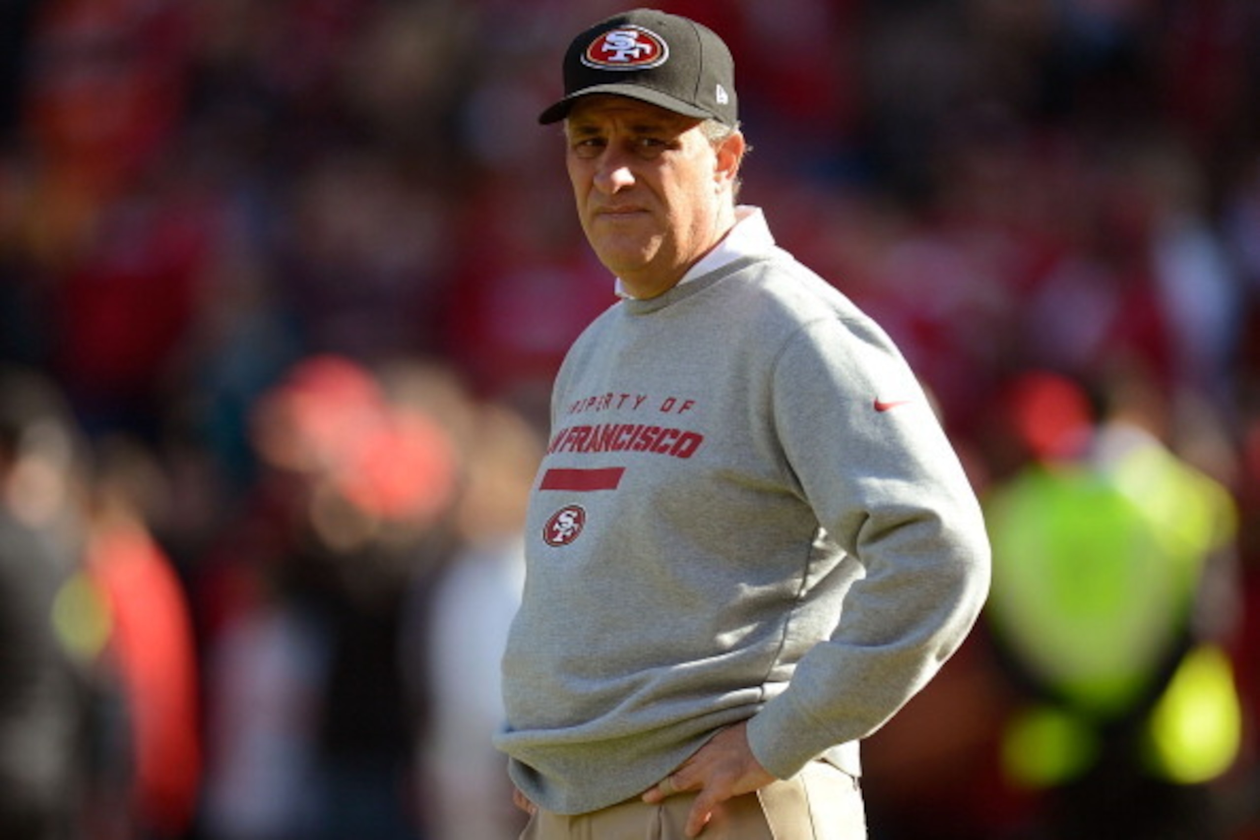 SAN FRANCISCO, CA - DECEMBER 30: Defensive Coordinator Vic Fangio of the San Francisco 49ers looks on during pre-game warm ups before their game against the Arizona Cardinals at Candlestick Park on December 30, 2012 in San Francisco, California. (Photo SAN FRANCISCO, CA - DECEMBER 30: Defensive Coordinator Vic Fangio of the San Francisco 49ers looks on during pre-game warm ups before their game against the Arizona Cardinals at Candlestick Park on December 30, 2012 in San Francisco, California. (Photo