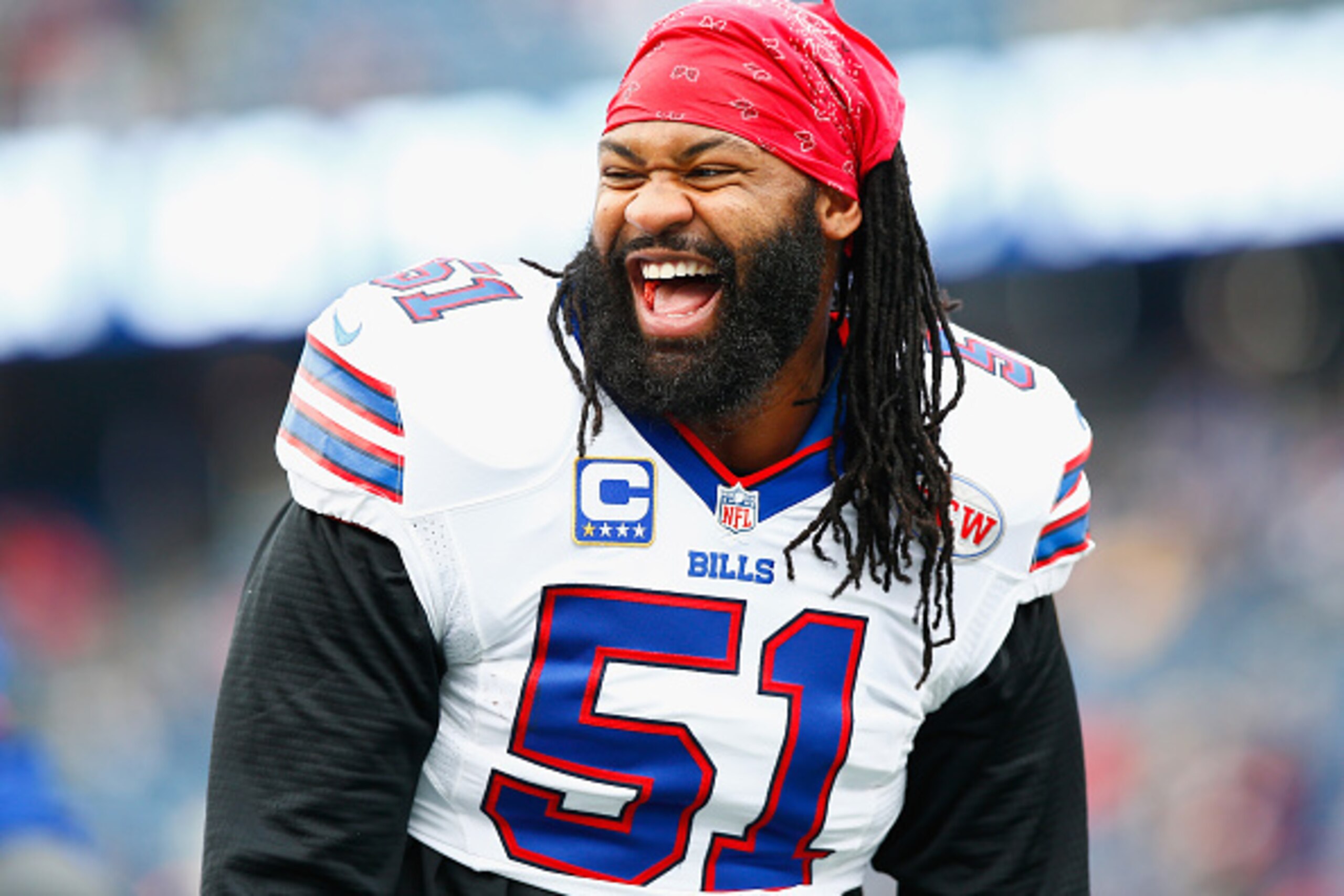 FOXBORO, MA - DECEMBER 28:  Brandon Spikes #51 of the Buffalo Bills warms up before a game against the New England Patriots at Gillette Stadium on December 28, 2014 in Foxboro, Massachusetts.  (Photo by Jared Wickerham/Getty Images)