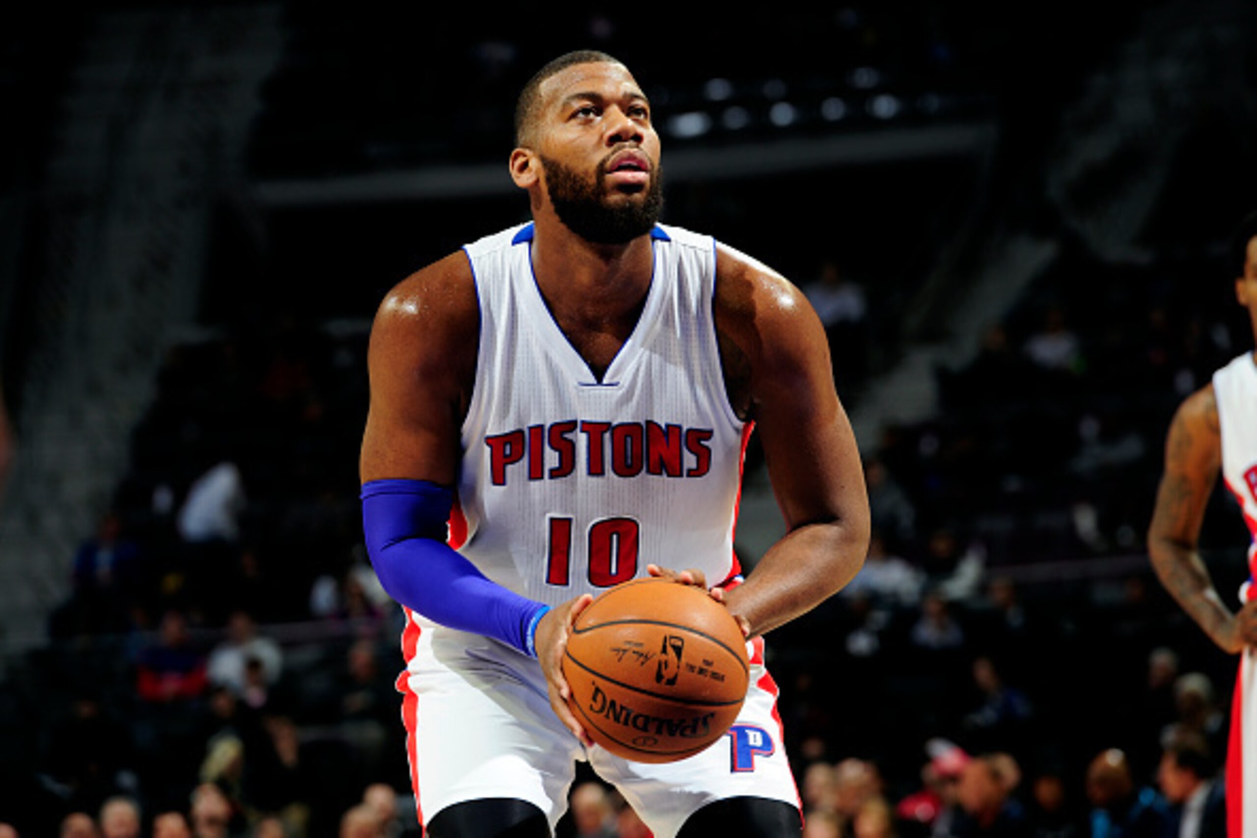 AUBURN HILLS, MI - JANUARY 21: Greg Monroe #10 of the Detroit Pistons attempts a free throw against the Orlando Magic on January 21, 2015 at The Palace of Auburn Hills in Auburn Hills, Michigan. NOTE TO USER: User expressly acknowledges and agrees that, b AUBURN HILLS, MI - JANUARY 21: Greg Monroe #10 of the Detroit Pistons attempts a free throw against the Orlando Magic on January 21, 2015 at The Palace of Auburn Hills in Auburn Hills, Michigan. NOTE TO USER: User expressly acknowledges and agrees that, b