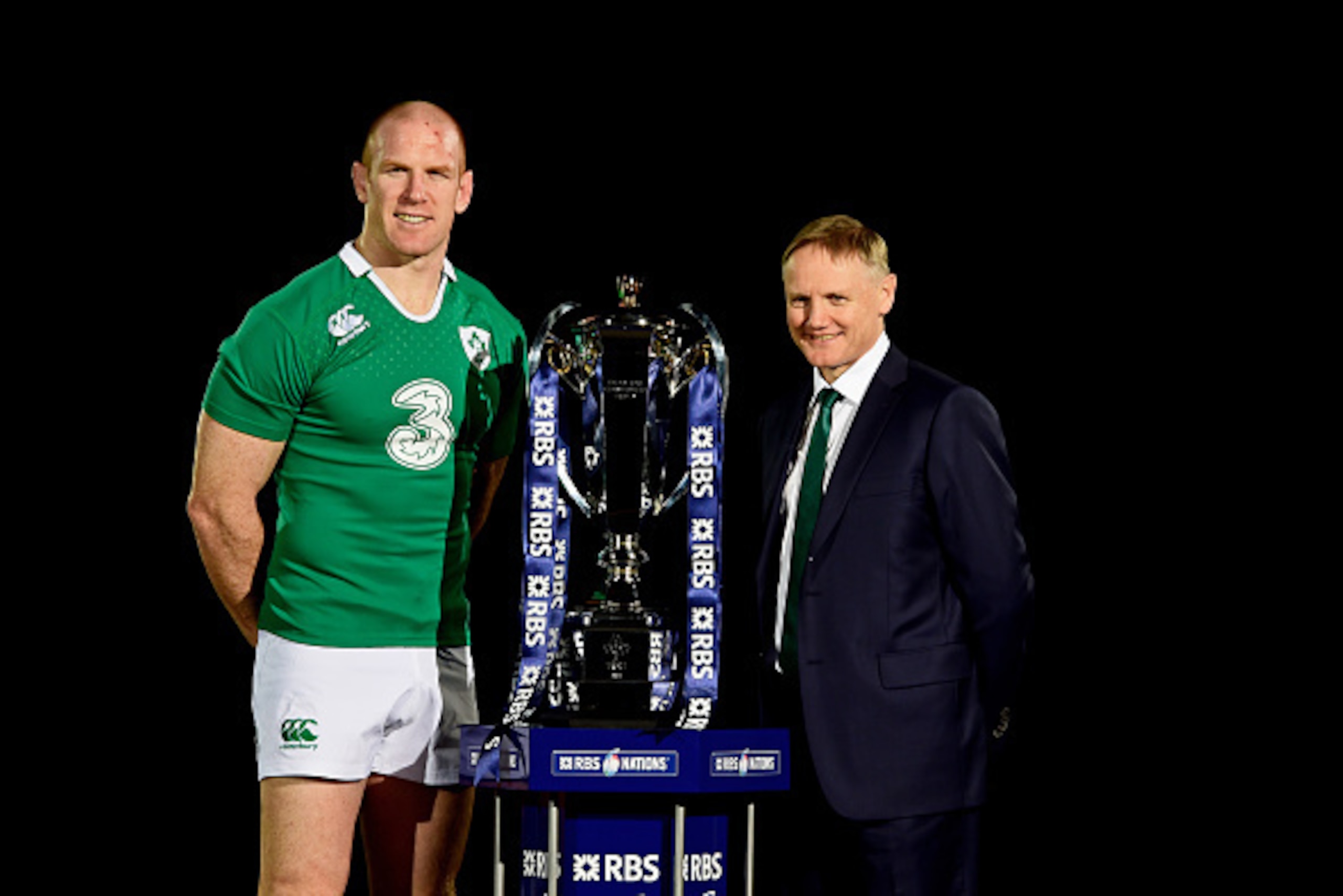 LONDON, ENGLAND - JANUARY 28:  (L-R) Paul O'Connell of Ireland and Joe Schmidt the coach of Ireland pose with the trophy during the launch of the 2015 RBS Six Nations at the Hurlingham club on January 28, 2015 in London, England.  (Photo by Stu Forster/Ge