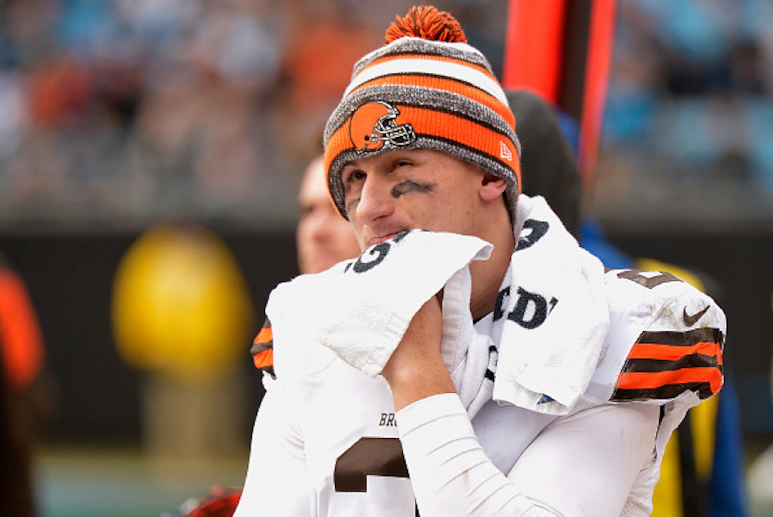 CHARLOTTE, NC - DECEMBER 21: Johnny Manziel #2 of the Cleveland Browns watches from the bench during the second half of a loss to the Carolina Panthers at Bank of America Stadium on December 21, 2014 in Charlotte, North Carolina. (Photo by Grant Halvers CHARLOTTE, NC - DECEMBER 21: Johnny Manziel #2 of the Cleveland Browns watches from the bench during the second half of a loss to the Carolina Panthers at Bank of America Stadium on December 21, 2014 in Charlotte, North Carolina. (Photo by Grant Halvers