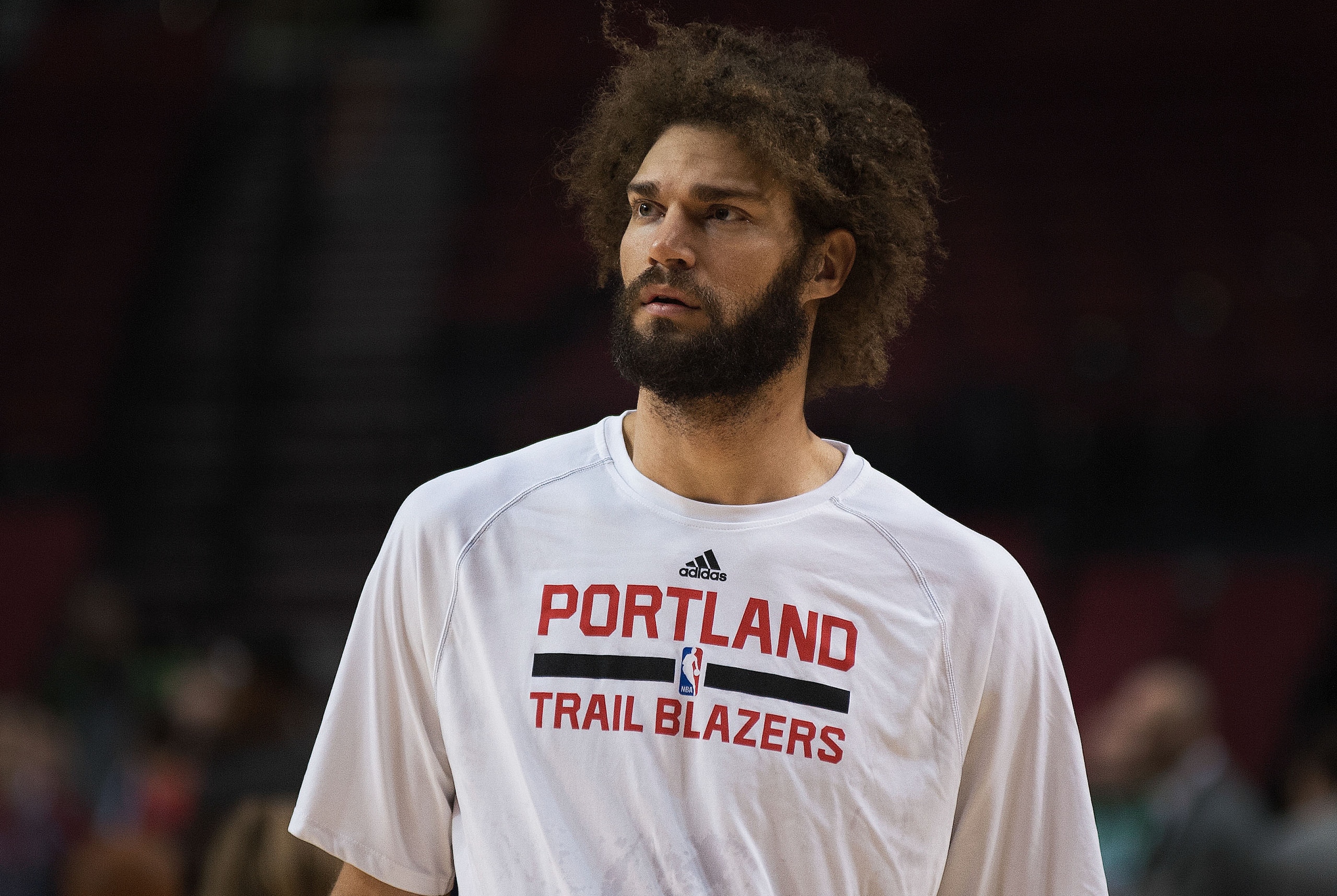 Dec 28, 2014; Portland, OR, USA; Portland Trail Blazers center Robin Lopez (42) warms up before the start of the game against the New York Knicks at Moda Center at the Rose Quarter. Mandatory Credit: Godofredo Vasquez-USA TODAY Sports
