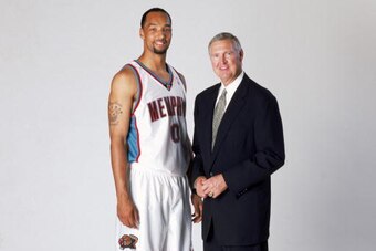 MEMPHIS, TN - SEPTEMBER 30:  Forward Drew Gooden #0 of the Memphis Grizzlies poses for a studio portrait with Director of Basketball Operations Jerry West during the Grizzlies Media Day on September 30, 2002 at the Pyramid Arena in Memphis, Tennessee. NOT