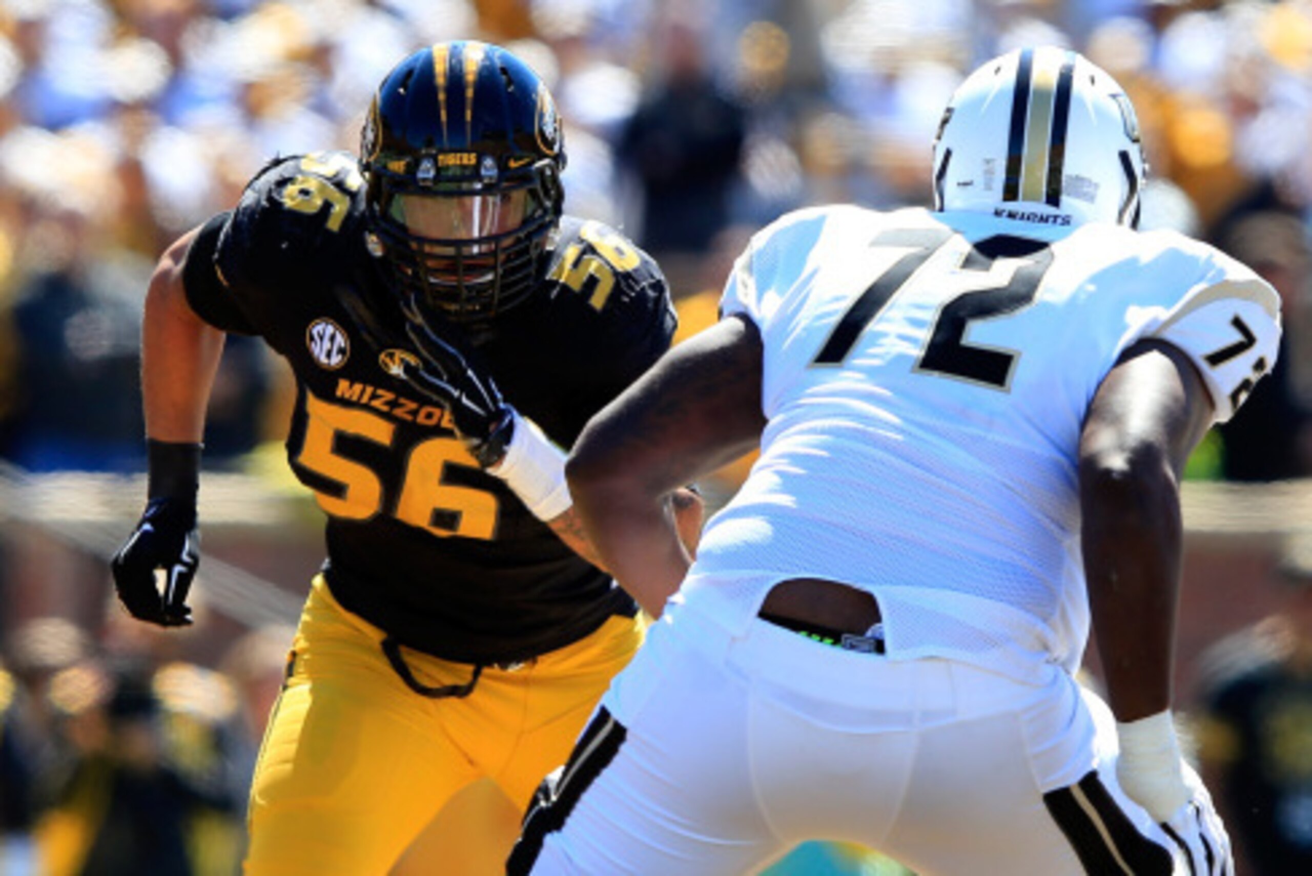COLUMBIA, MO - SEPTEMBER 13: Defensive lineman Shane Ray #56 of the Missouri Tigers rushes as offensive linesman Torrian Wilson #72 of the UCF Knights tries to block during the game at on September 13, 2014 at Faurot Field in Columbia, Missouri. (Photo COLUMBIA, MO - SEPTEMBER 13: Defensive lineman Shane Ray #56 of the Missouri Tigers rushes as offensive linesman Torrian Wilson #72 of the UCF Knights tries to block during the game at on September 13, 2014 at Faurot Field in Columbia, Missouri. (Photo