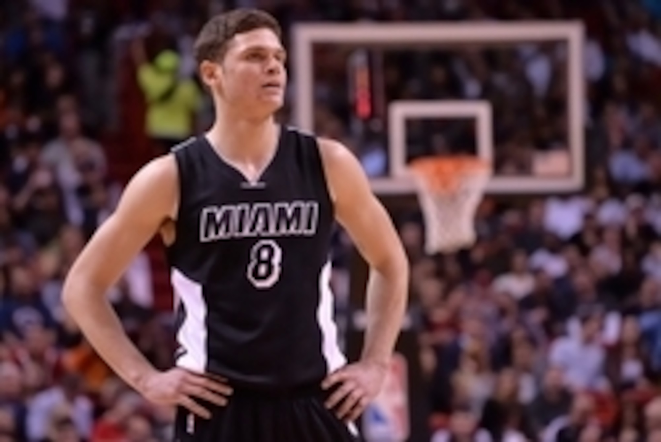 Jan 30, 2015; Miami, FL, USA; Miami Heat guard Tyler Johnson (8) takes a breather during the first half against the Dallas Mavericks at American Airlines Arena. Mandatory Credit: Steve Mitchell-USA TODAY Sports