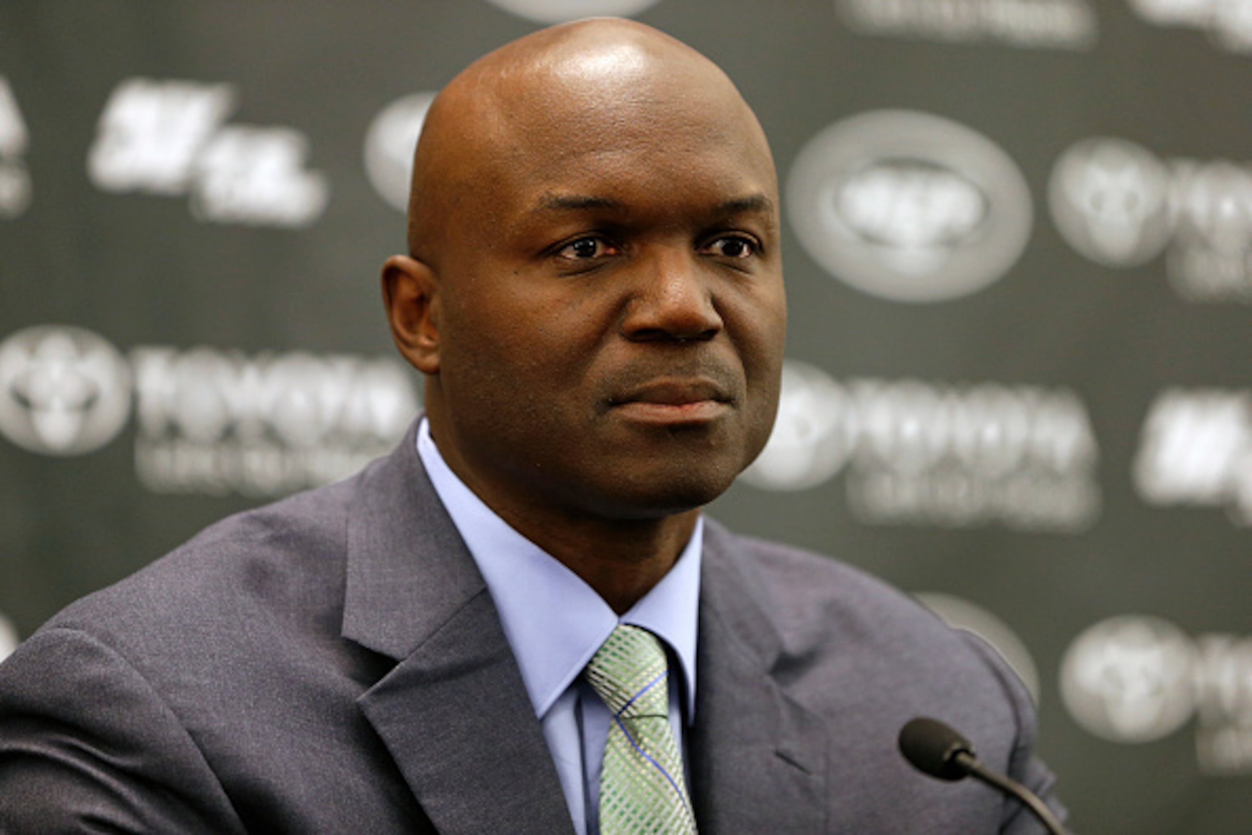 FLORHAM PARK, NJ - JANUARY 21: Head coach Todd Bowles of the New York Jets addresses the media during a press conference on January 21, 2015 in Florham Park, New Jersey. Bowles and General Manager Mike Maccagnan were both introduced. (Photo by Rich Schult