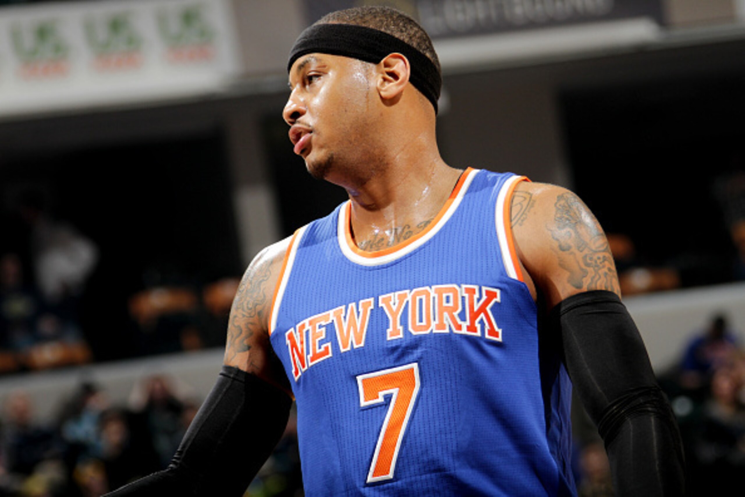 INDIANAPOLIS, IN - JANUARY 29: Carmelo Anthony #7 of the New York Knicks stands on the court during a game against the Indiana Pacers on January 29, 2015 at Bankers Life Fieldhouse in Indianapolis, Indiana. NOTE TO USER: User expressly acknowledges and ag