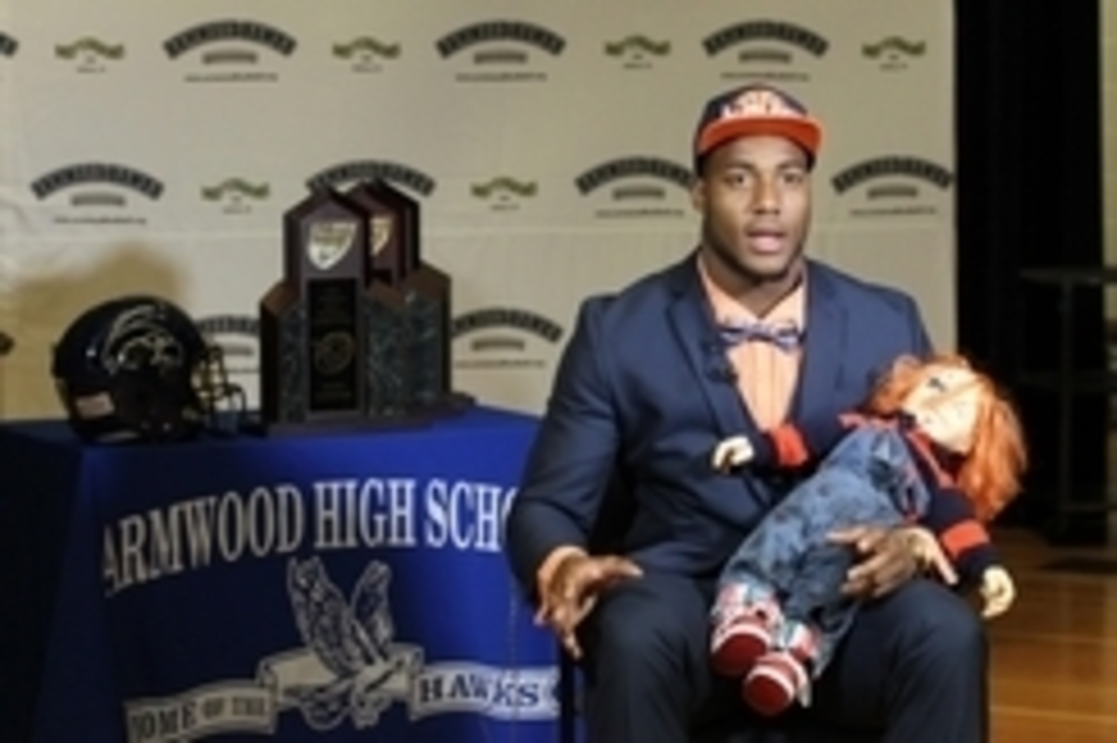 Feb 4, 2015; Seffner, FL, USA; Armwood High School defensive end Byron Cowart talks to ESPN about his decision to go to Auburn on National Signing day at Armwood High School. Mandatory Credit: Kim Klement-USA TODAY Sports