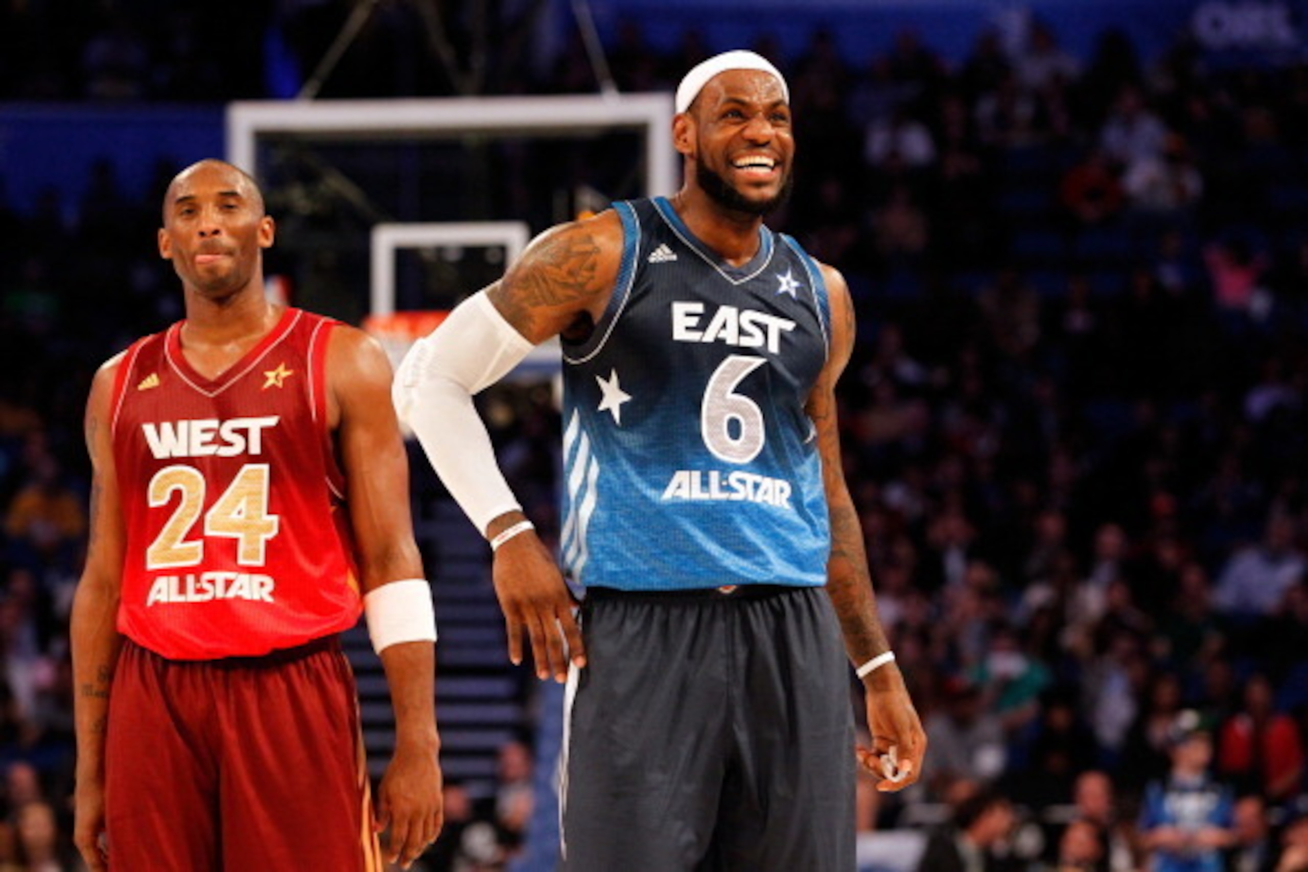 ORLANDO, FL - FEBRUARY 26:  LeBron James #6 of the Miami Heat and the Eastern Conference and Kobe Bryant #24 of the Los Angeles Lakers and the Western Conference react late in the second half during the 2012 NBA All-Star Game at the Amway Center on Februa