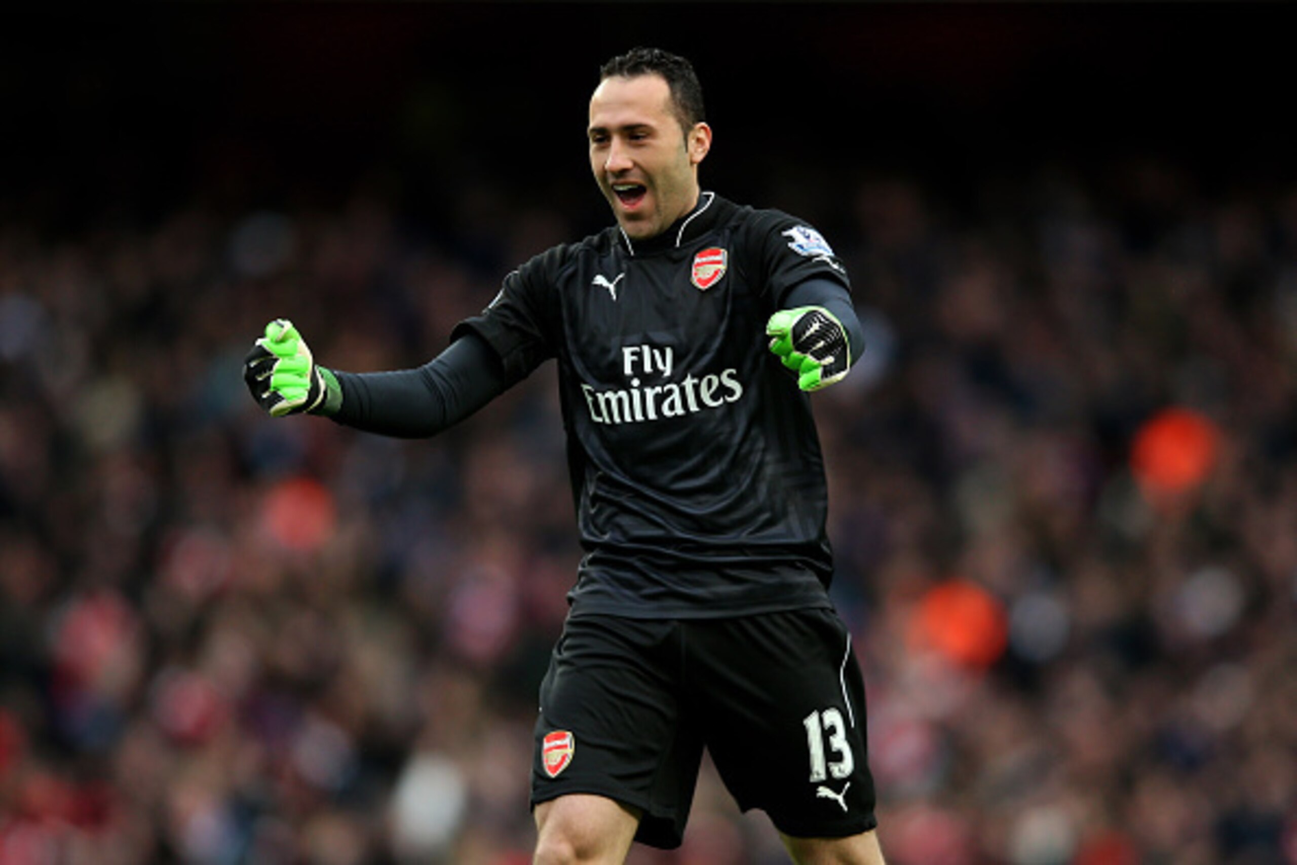 LONDON, ENGLAND - FEBRUARY 01:  Goalkeeper David Ospina of Arsenal celebrates as teammate Olivier Giroud of Arsenal scores the opening goal during the Barclays Premier League match between Arsenal and Aston Villa at the Emirates Stadium on February 1, 201