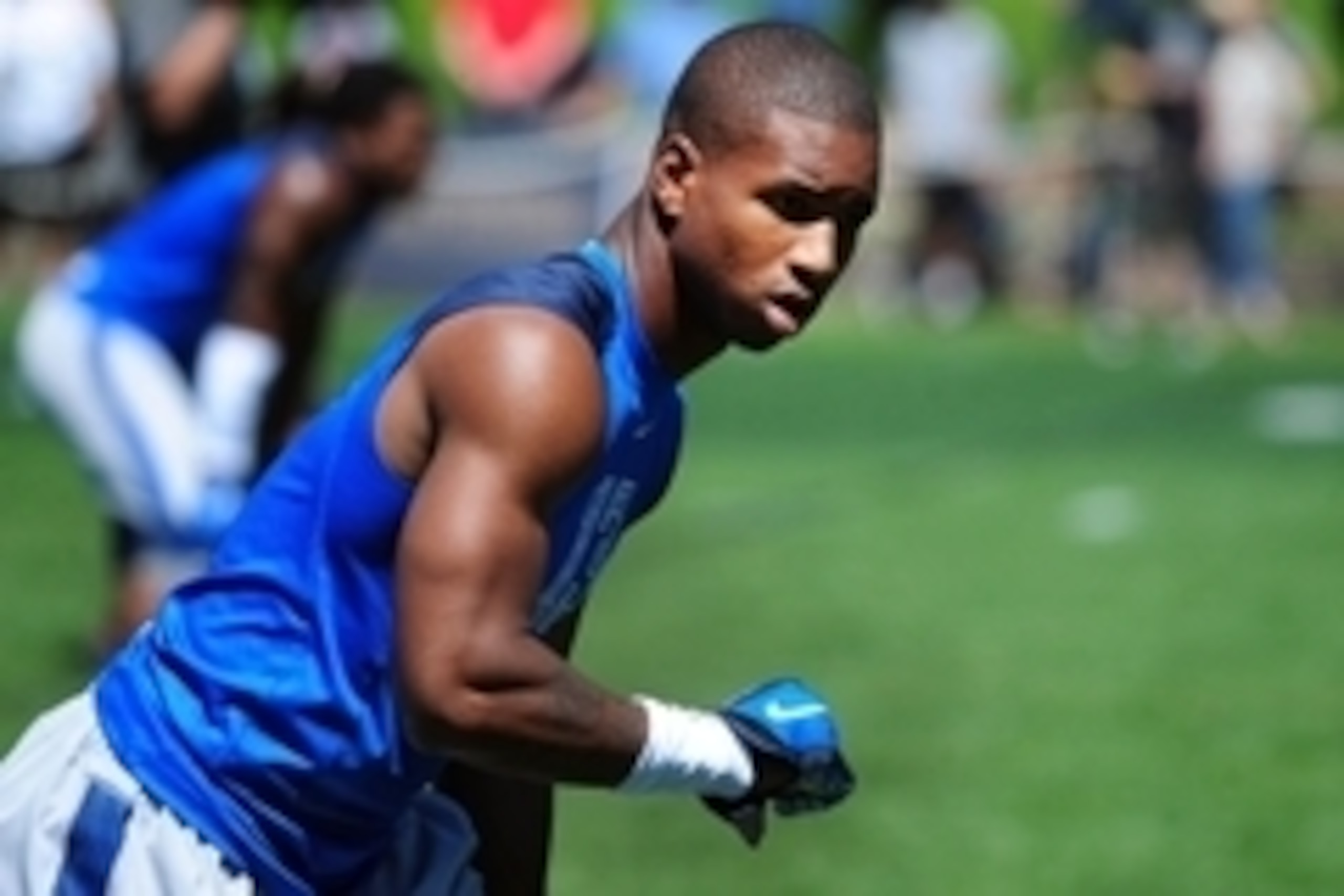 Jul 9, 2014; Beaverton, OR, USA; Land Sharks wide receiver Tyron Johnson (13) gets set at the line of scrimmage during Nike Football ' The Opening' at Nike World Headquarters. Mandatory Credit: Steve Dykes-USA TODAY Sports