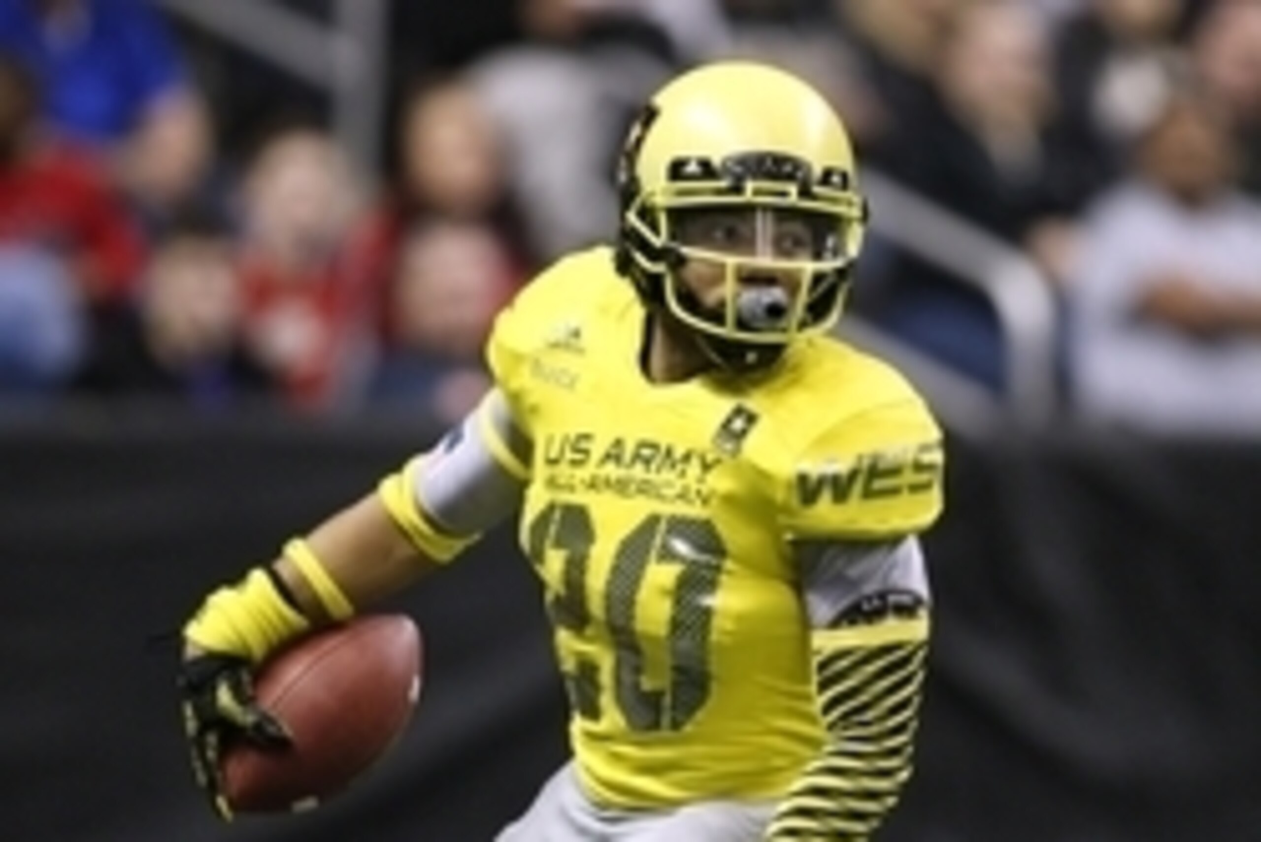 Jan 3, 2015; San Antonio, TX, USA; West running back Derrius Guice (20) scores a touchdown against the East during the U.S. Army All-American Bowl at the Alamodome. Guice was the game offensive MVP. West beat East 39-36. Mandatory Credit: Erich Schlegel-U