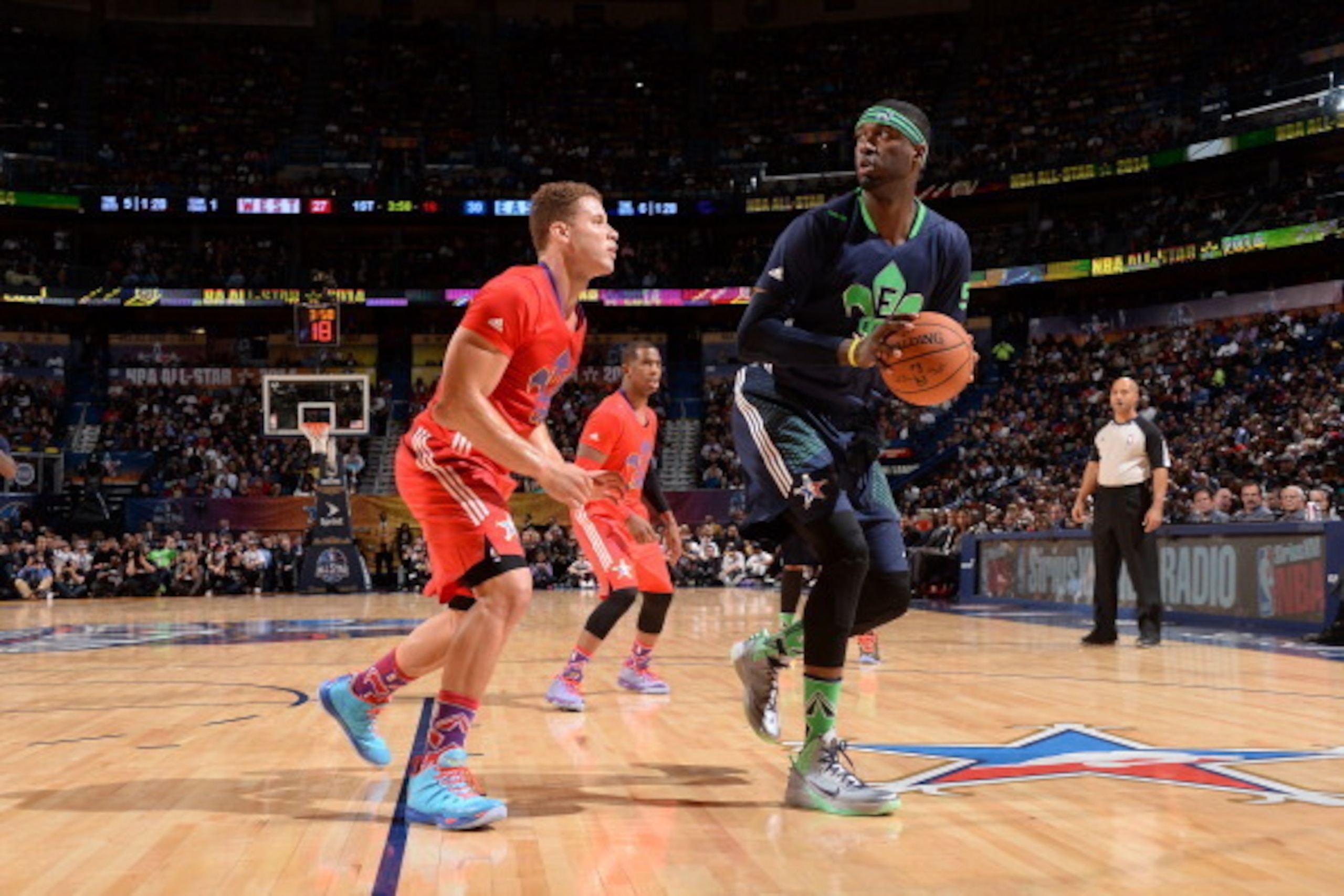 NEW ORLEANS, LA - FEBRUARY 16:  Roy Hibbert #55 of the Eastern Conference handles the ball against Blake Griffin #32 of the Western Conference during the 2014 NBA All-Star Game as part of the 2014 All-Star Weekend at Smoothie King Center on February 16, 2