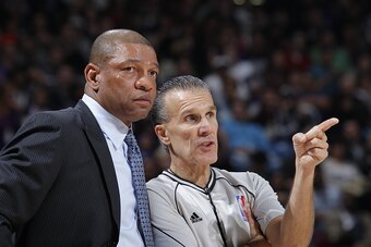 SACRAMENTO, CA - JANUARY 17: Head Coach Doc Rivers of the Los Angeles Clippers talks toa referee during the game against the Sacramento Kings on January 17, 2015 at Sleep Train Arena in Sacramento, California. NOTE TO USER: User expressly acknowledges and
