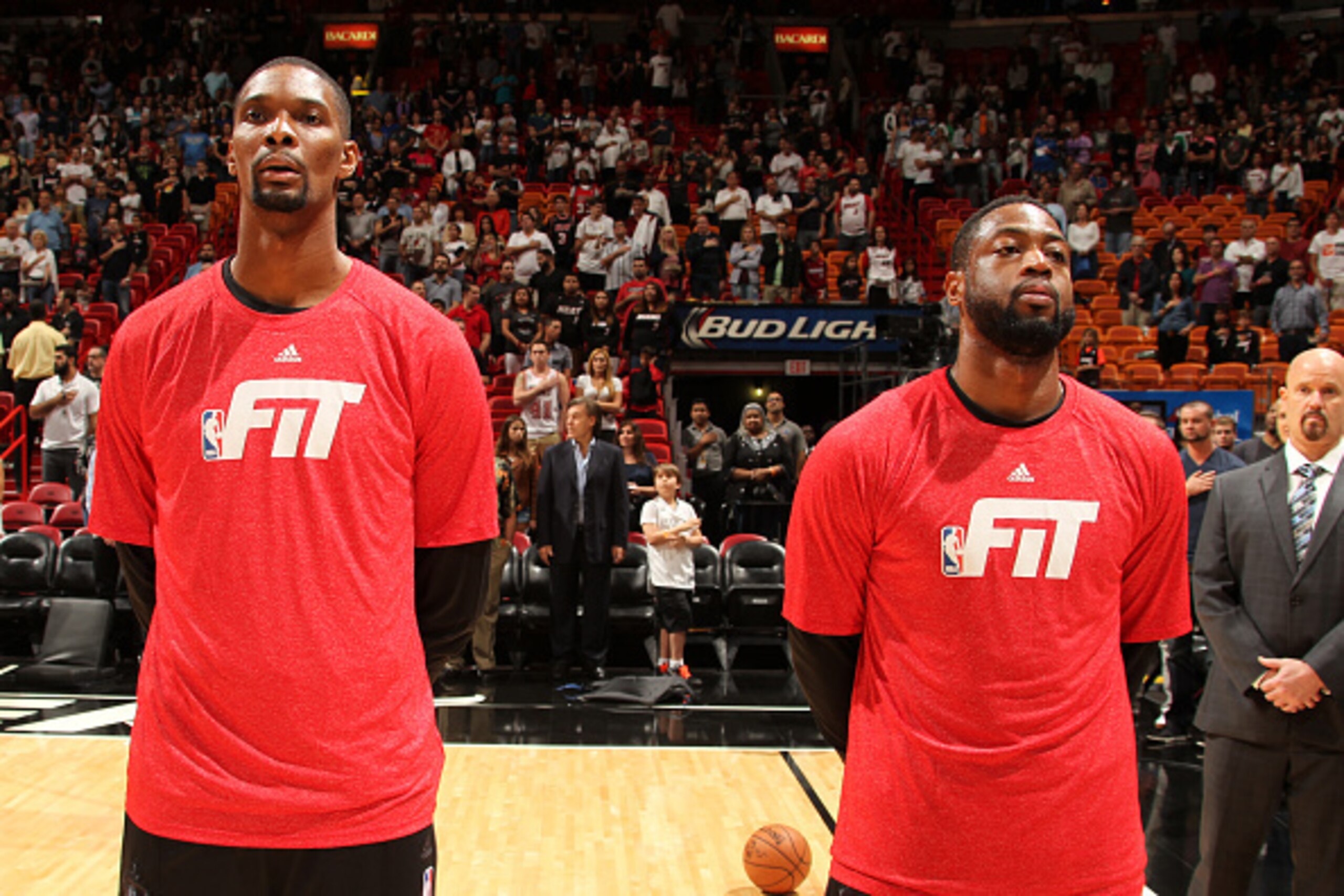 MIAMI, FL - JANUARY 23: Chris Bosh #1 and Dwyane Wade #3 of the Miami Heat before the game against the Indiana Pacers on January 23, 2015 at American Airlines Arena in Miami, Florida. NOTE TO USER: User expressly acknowledges and agrees that, by downloadi MIAMI, FL - JANUARY 23: Chris Bosh #1 and Dwyane Wade #3 of the Miami Heat before the game against the Indiana Pacers on January 23, 2015 at American Airlines Arena in Miami, Florida. NOTE TO USER: User expressly acknowledges and agrees that, by downloadi