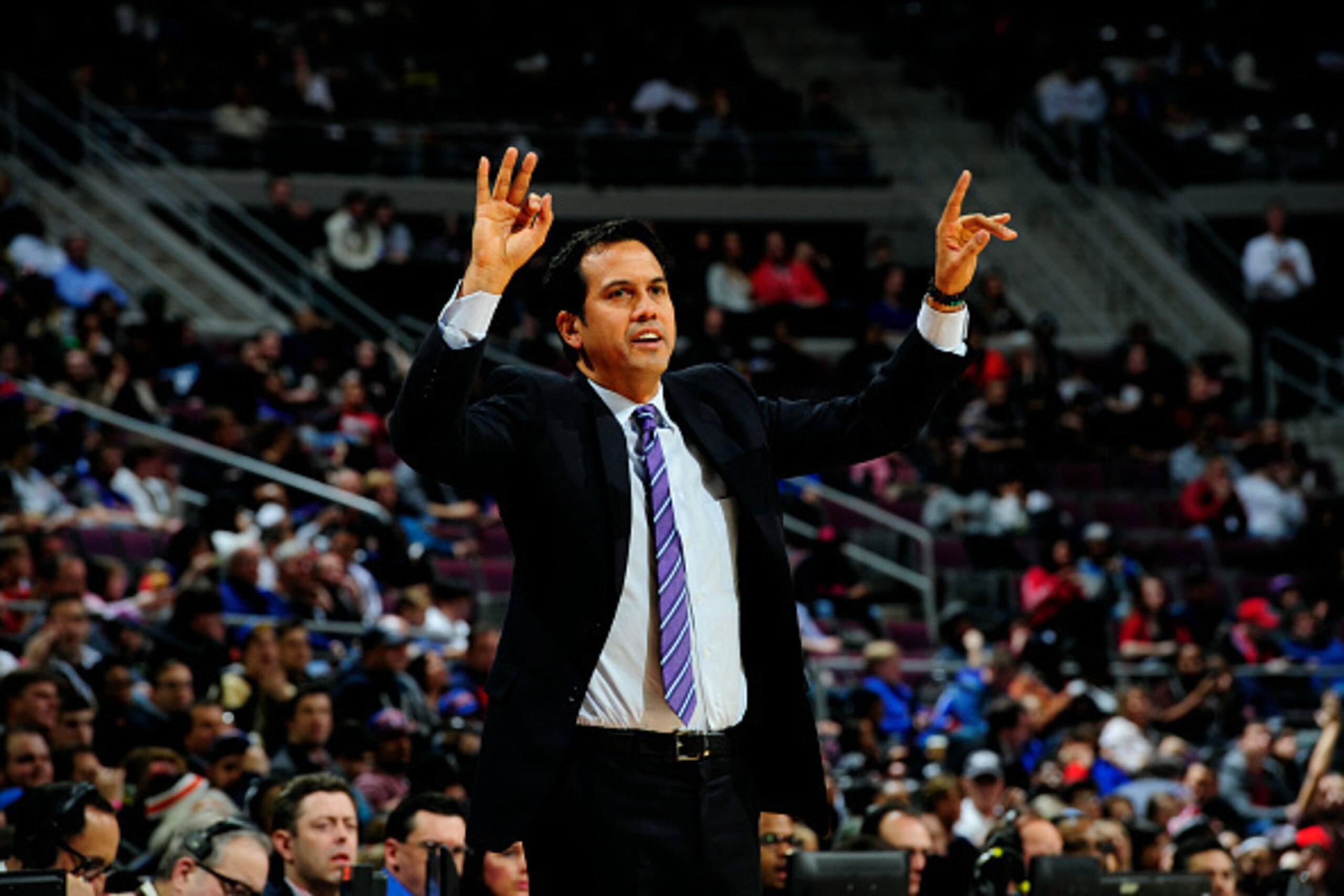 AUBURN HILLS, MI - FEBRUARY 3: Erik Spoelstra of the Miami Heat calls a play during a game against the Detroit Pistons on February 3, 2015 at The Palace of Auburn Hills in Auburn Hills, Michigan. NOTE TO USER: User expressly acknowledges and agrees that, AUBURN HILLS, MI - FEBRUARY 3: Erik Spoelstra of the Miami Heat calls a play during a game against the Detroit Pistons on February 3, 2015 at The Palace of Auburn Hills in Auburn Hills, Michigan. NOTE TO USER: User expressly acknowledges and agrees that,