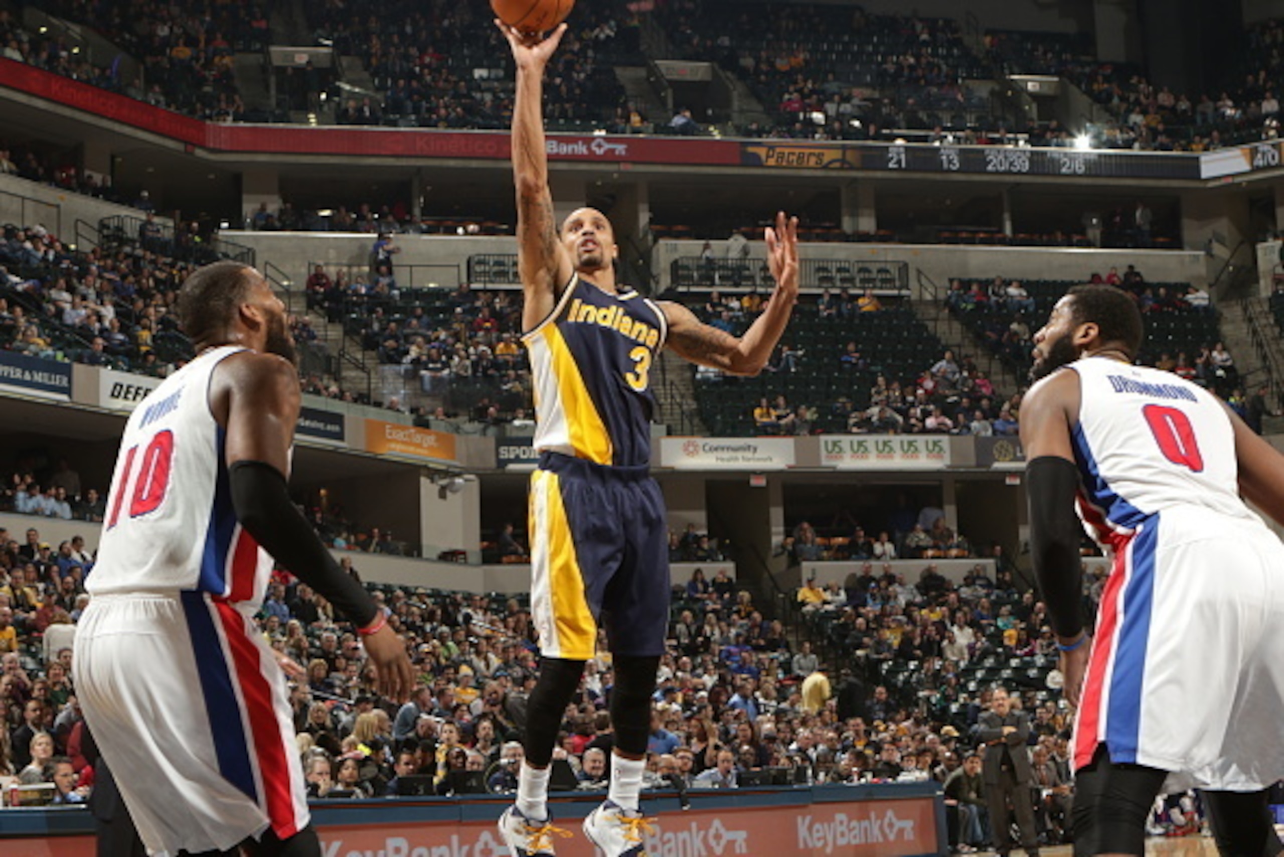 INDIANAPOLIS, IN - FEBRUARY 4:  George Hill #3 of the Indiana Pacers shoots the ball against the Detroit Pistons during the game on February 4, 2015 at Bankers Life Fieldhouse in Indianapolis, Indiana. NOTE TO USER: User expressly acknowledges and agrees 