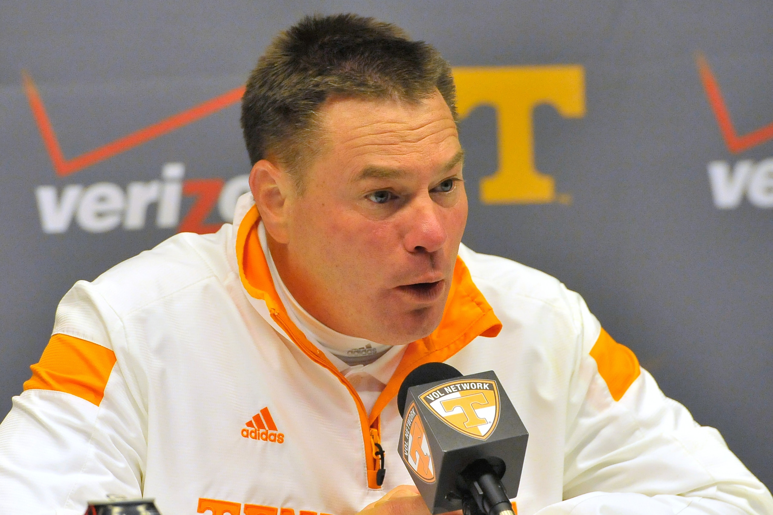 Nov 22, 2014; Knoxville, TN, USA; Tennessee Volunteers head coach Butch Jones talks with the media following the game against the Missouri Tigers at Neyland Stadium. Missouri won 29-21.  Mandatory Credit: Jim Brown-USA TODAY Sports