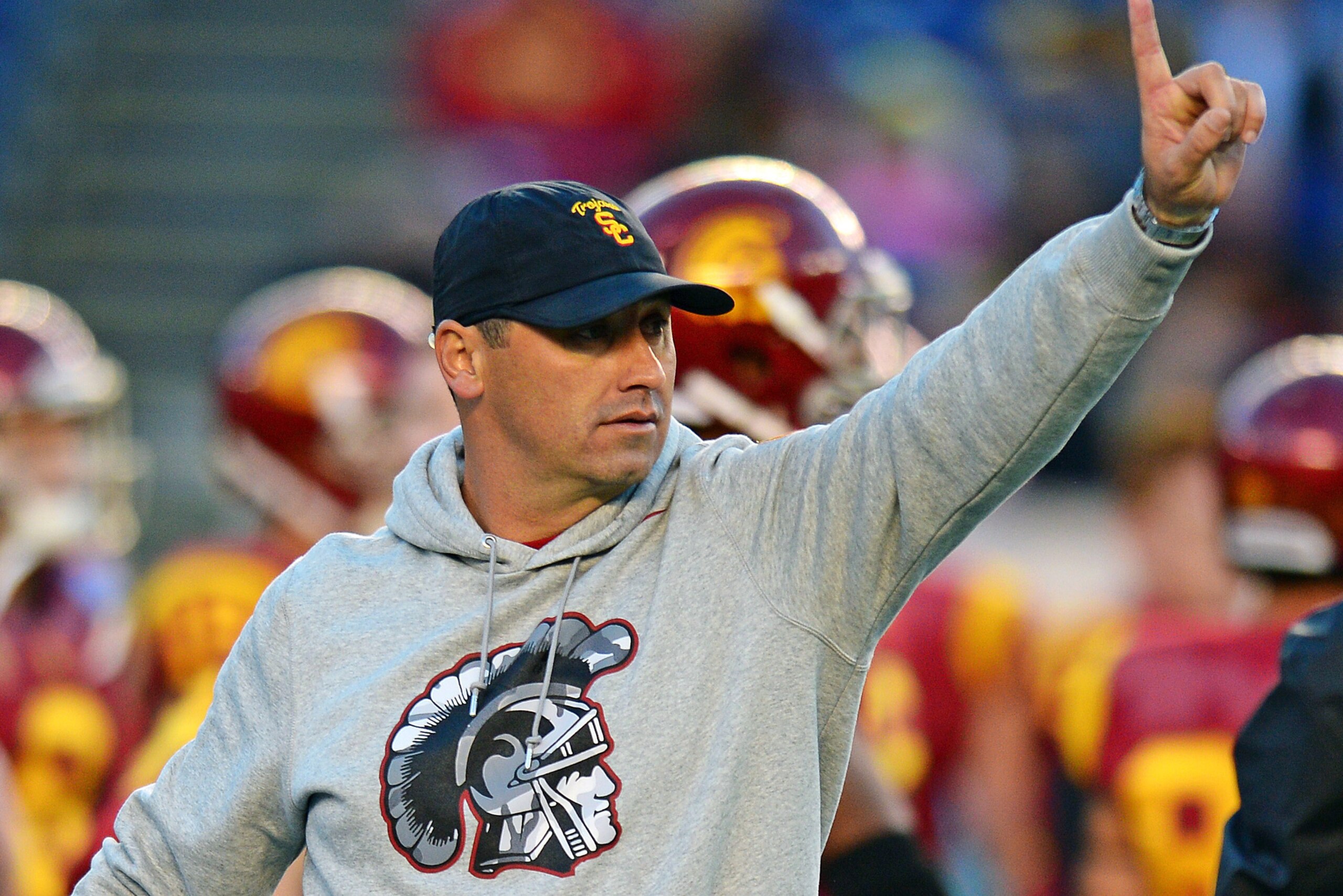 Dec 27, 2014; San Diego, CA, USA; USC Trojans head coach Steve Sarkisian gestures before the game against the Nebraska Cornhuskers in the 2014 Holiday Bowl at Qualcomm Stadium. Mandatory Credit: Jake Roth-USA TODAY Sports