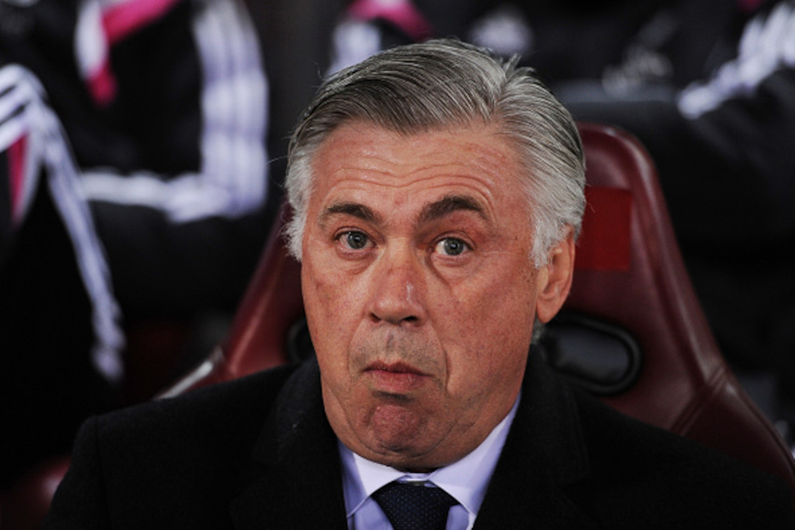 MADRID, SPAIN - JANUARY 07:  Head coach Carlo Ancelotti of Real Madrid looks on during the Copa del Rey Round of 16, First Leg match between Club Atletico de Madrid and Real Madrid at Vicente Calderon Stadium on January 7, 2015 in Madrid, Spain.  (Photo b