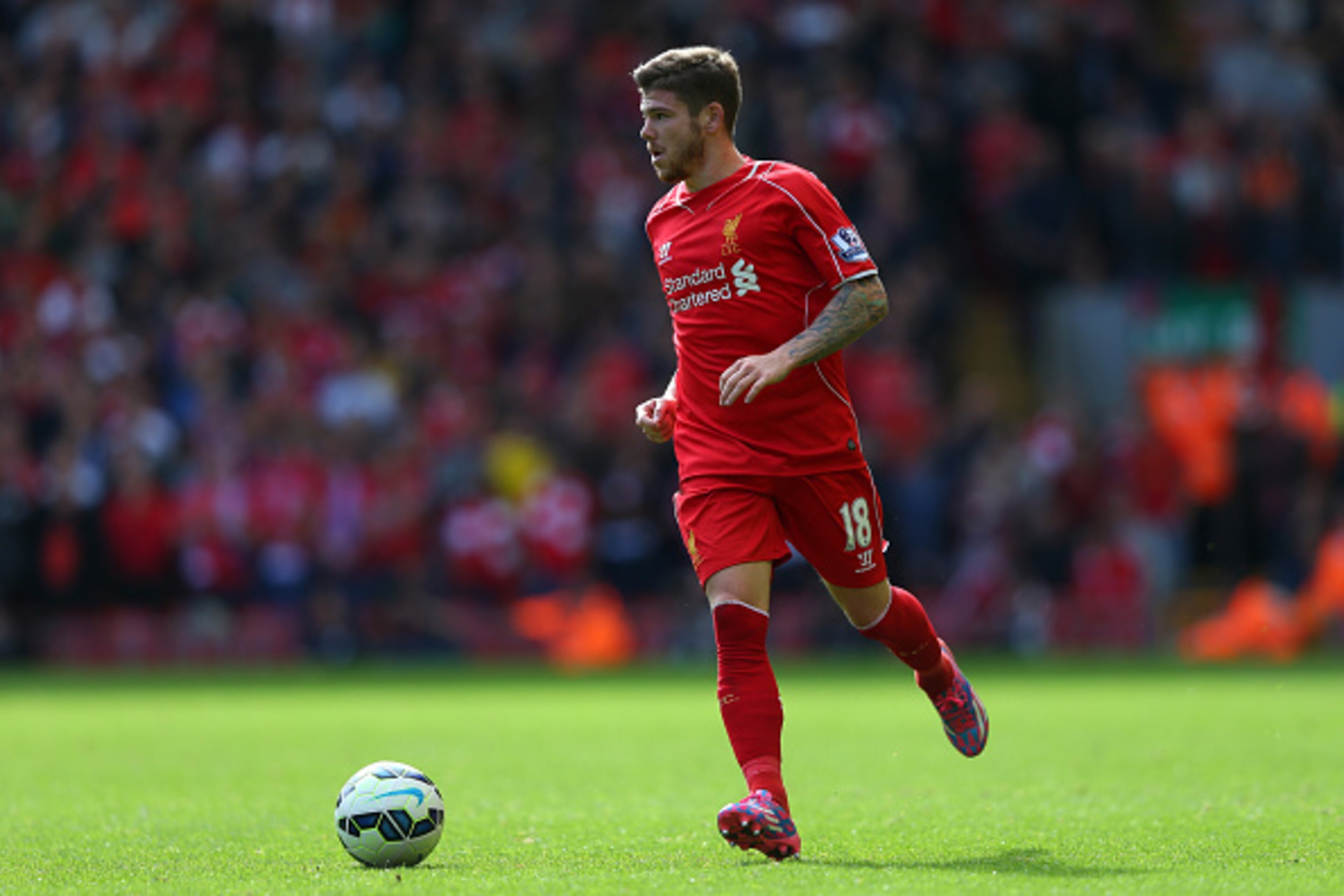 LIVERPOOL, ENGLAND - SEPTEMBER 27:  Alberto Moreno of Liverpool of Everton during the Barclays Premier League match between Liverpool and Everton at Anfield on September 27, 2014 in Liverpool, England.  (Photo by Alex Livesey/Getty Images)