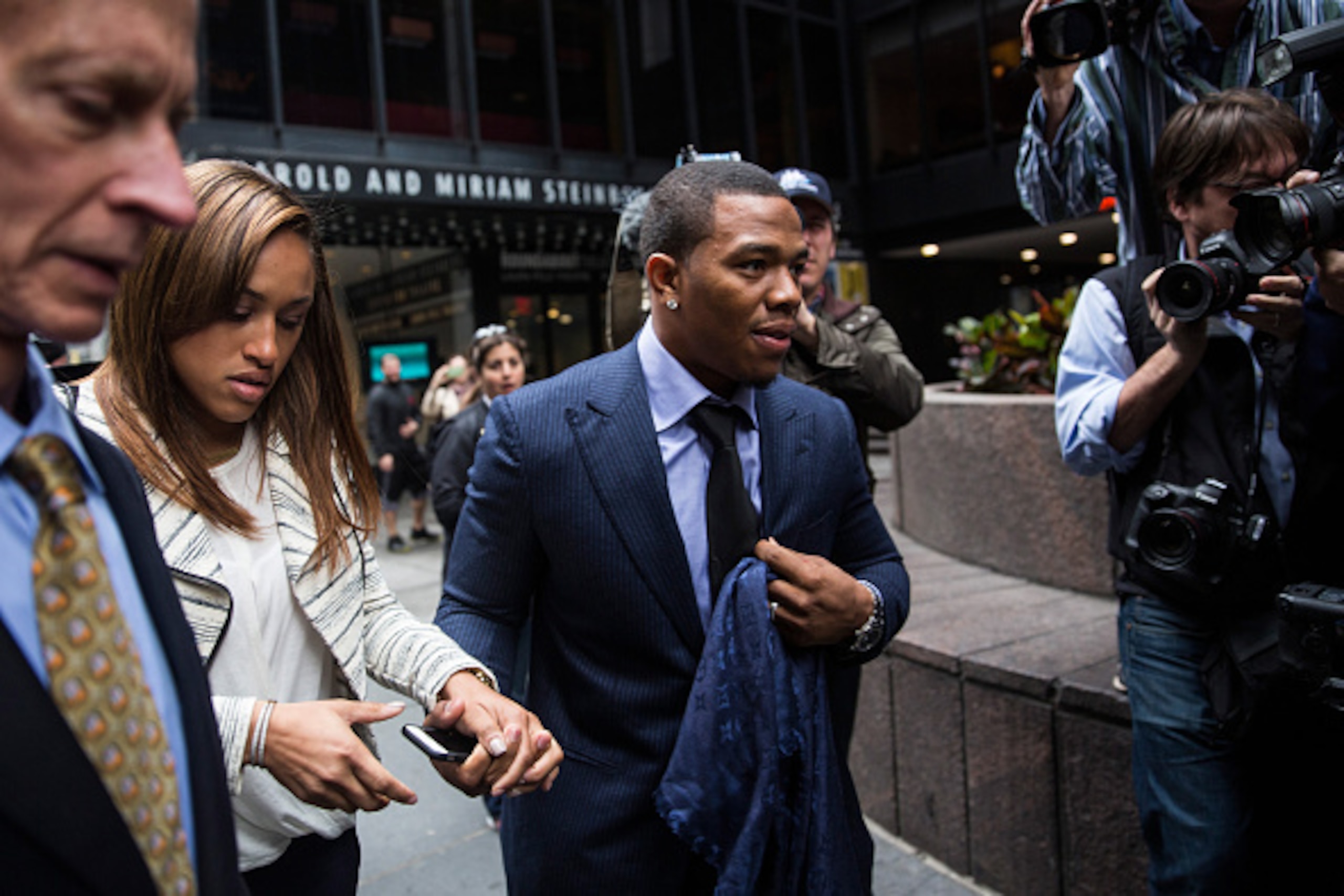 NEW YORK, NY - NOVEMBER 05: Suspended Baltimore Ravens football player Ray Rice (R) and his wife Janay Palmer arrive for a hearing on November 5, 2014 in New York City. Rice is fighting his suspension after being caught beating his wife in an Atlantic Cit