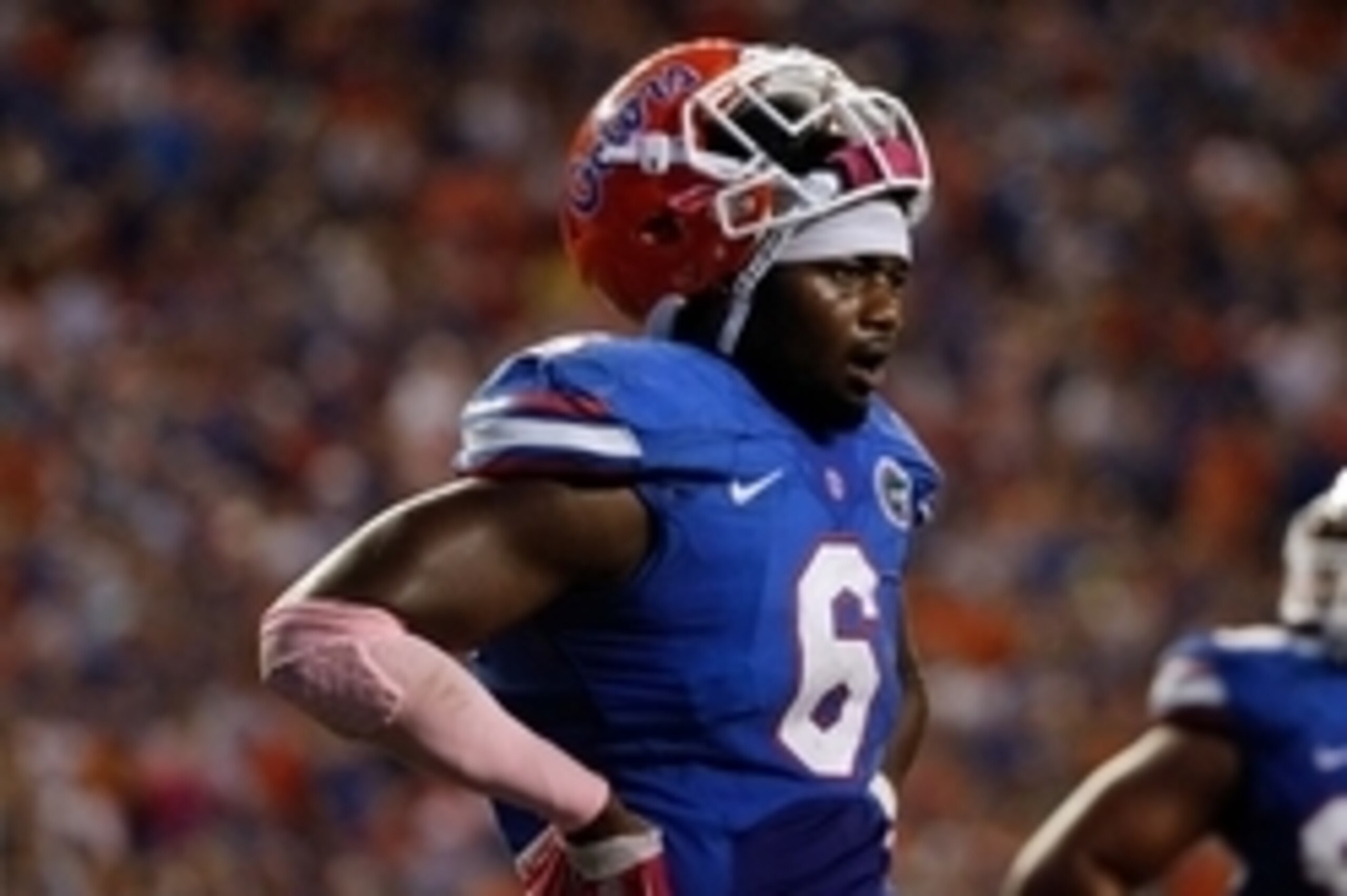 Oct 11, 2014; Gainesville, FL, USA; Florida Gators defensive lineman Dante Fowler Jr. (6) against the LSU Tigers during the second half at Ben Hill Griffin Stadium. LSU Tigers defeated the Florida Gators 30-27. Mandatory Credit: Kim Klement-USA TODAY Spor