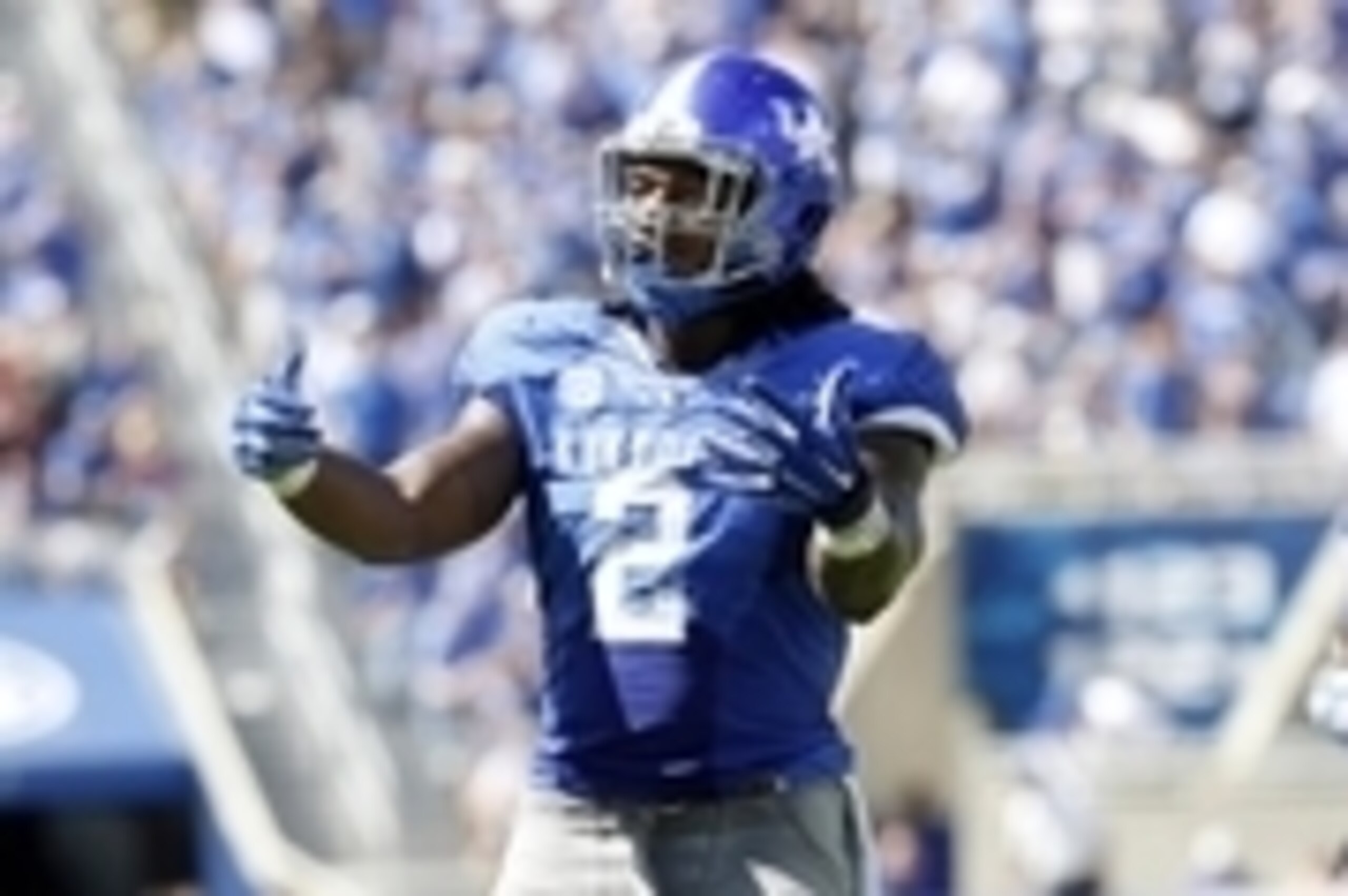 Sep 27, 2014; Lexington, KY, USA; Kentucky Wildcats defensive end Alvin Dupree (2) celebrates during the game against the Vanderbilt Commodores in the second half at Commonwealth Stadium. Kentucky defeated Vanderbilt 17-7. Mandatory Credit: Mark Zerof-USA