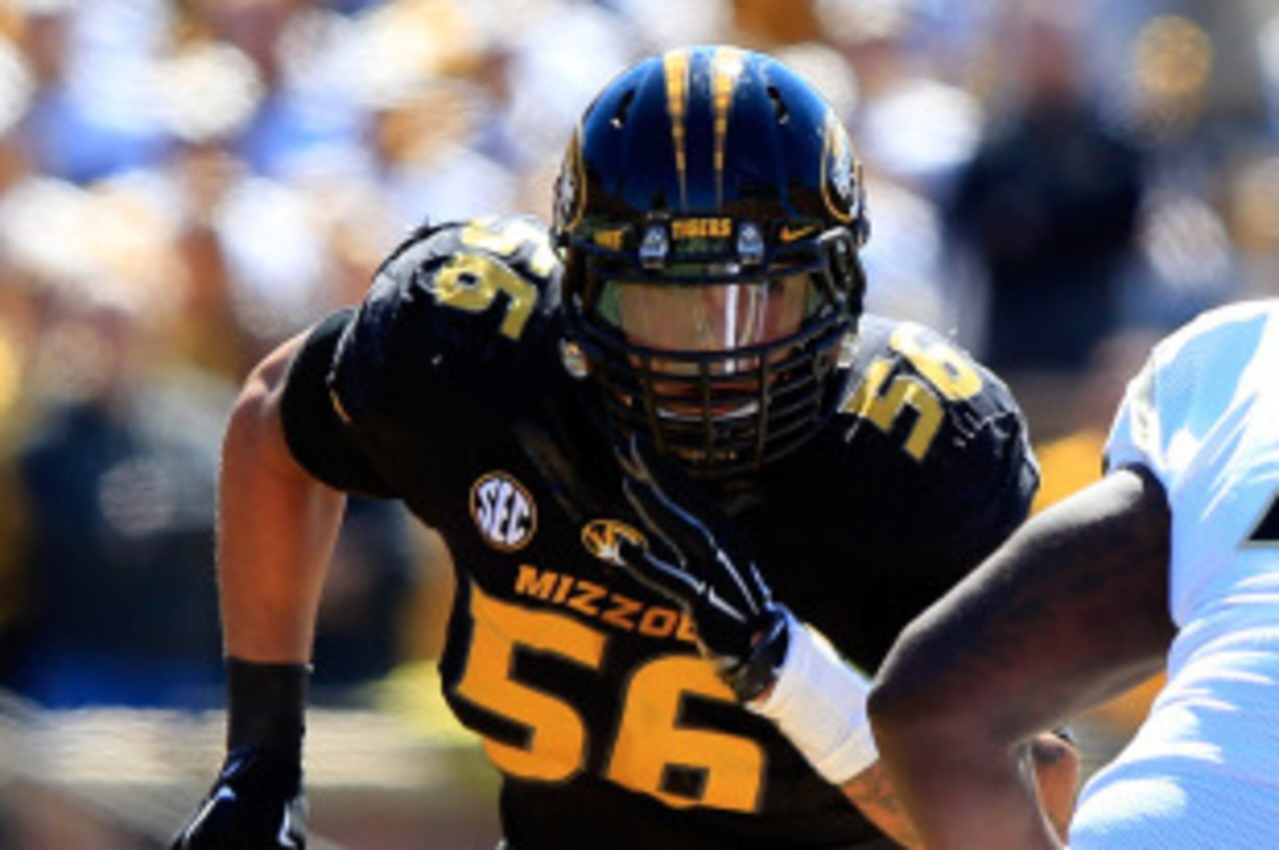 COLUMBIA, MO - SEPTEMBER 13:  Defensive lineman Shane Ray #56 of the Missouri Tigers rushes as offensive linesman Torrian Wilson #72 of the UCF Knights tries to block during the game at on September 13, 2014 at Faurot Field in Columbia, Missouri.  (Photo 