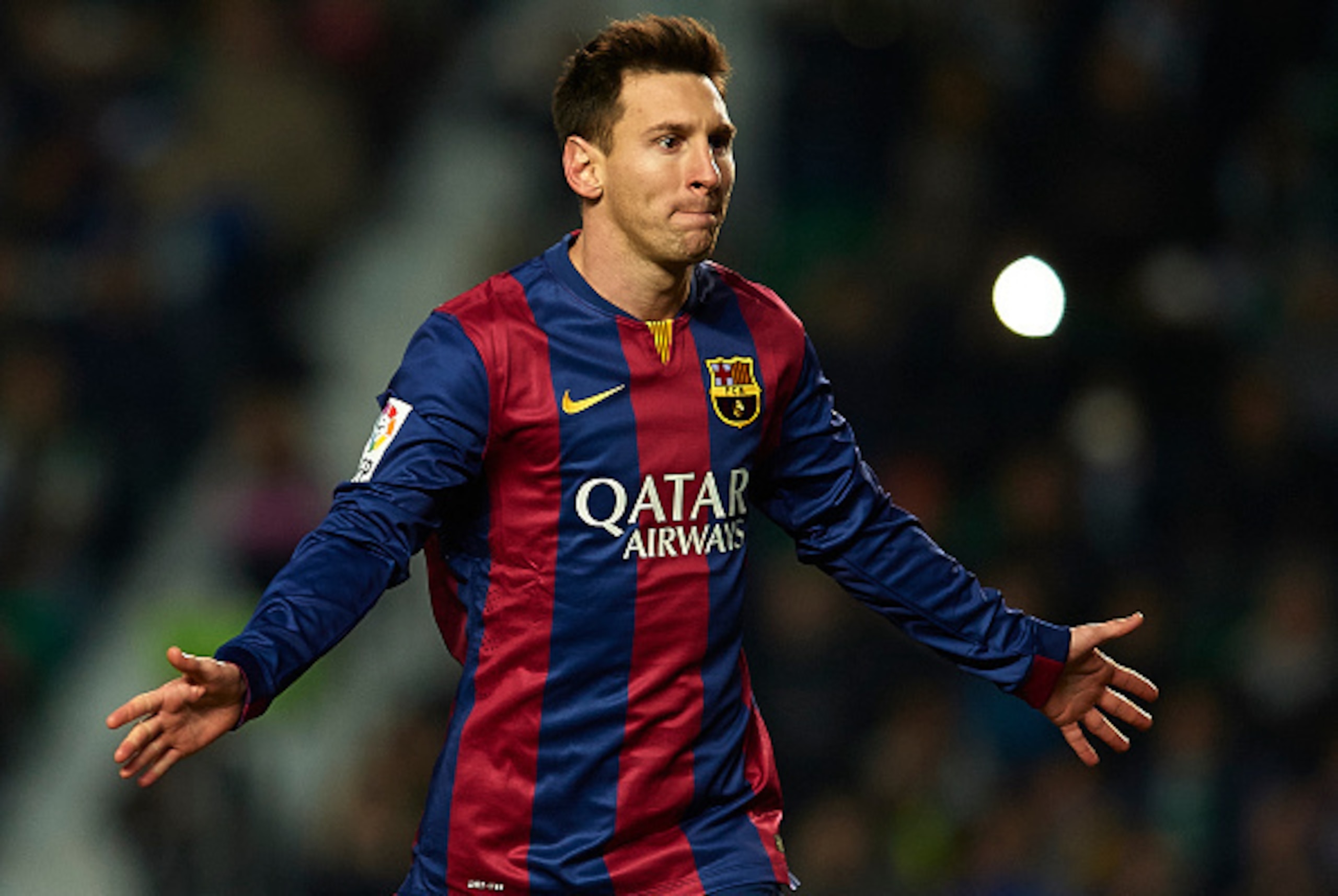 ELCHE, SPAIN - JANUARY 24:  Lionel Messi of Barcelona celebrates after scoring during the La Liga match between Elche FC and FC Barcelona at Estadio Manuel Martinez Valero on January 24, 2015 in Elche, Spain.  (Photo by Manuel Queimadelos Alonso/Getty Ima