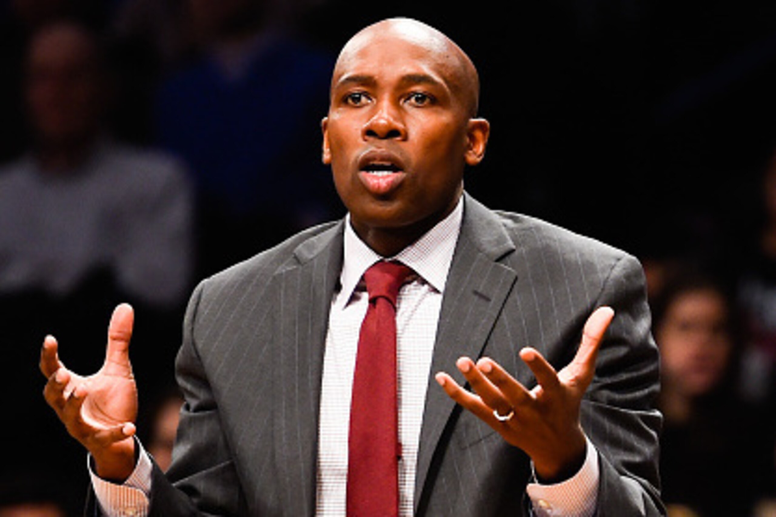 NEW YORK, NY - NOVEMBER 09: Head coach Jacque Vaughn of the Orlando Magic looks on in the first half during a game against the Brooklyn Nets at the Barclays Center on November 9, 2014 in the Brooklyn borough of New York City. NOTE TO USER: User expressly 