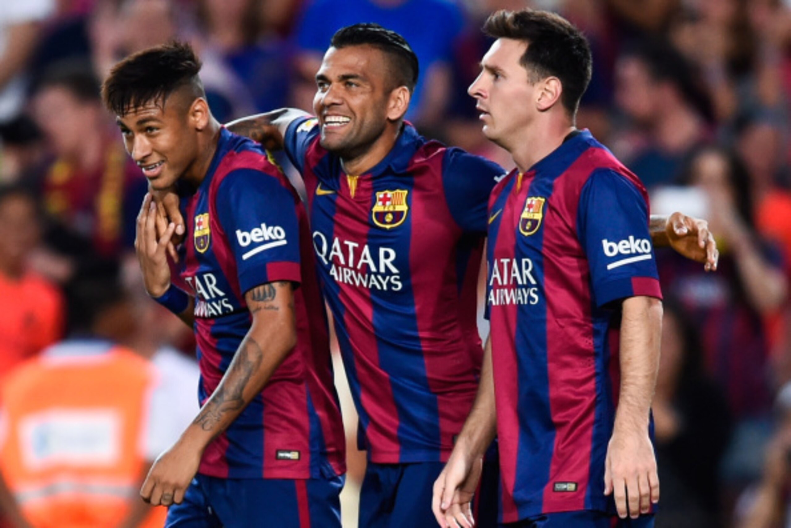 BARCELONA, SPAIN - AUGUST 18: Lionel Messi of FC Barcelona celebrates with his teammates Neymar (L) and Dani Alves after scoring the opening goalduring the Joan Gamper Trophy match between FC Barcelona and Club Leon at Camp Nou on August 18, 2014 in Barc BARCELONA, SPAIN - AUGUST 18: Lionel Messi of FC Barcelona celebrates with his teammates Neymar (L) and Dani Alves after scoring the opening goalduring the Joan Gamper Trophy match between FC Barcelona and Club Leon at Camp Nou on August 18, 2014 in Barc