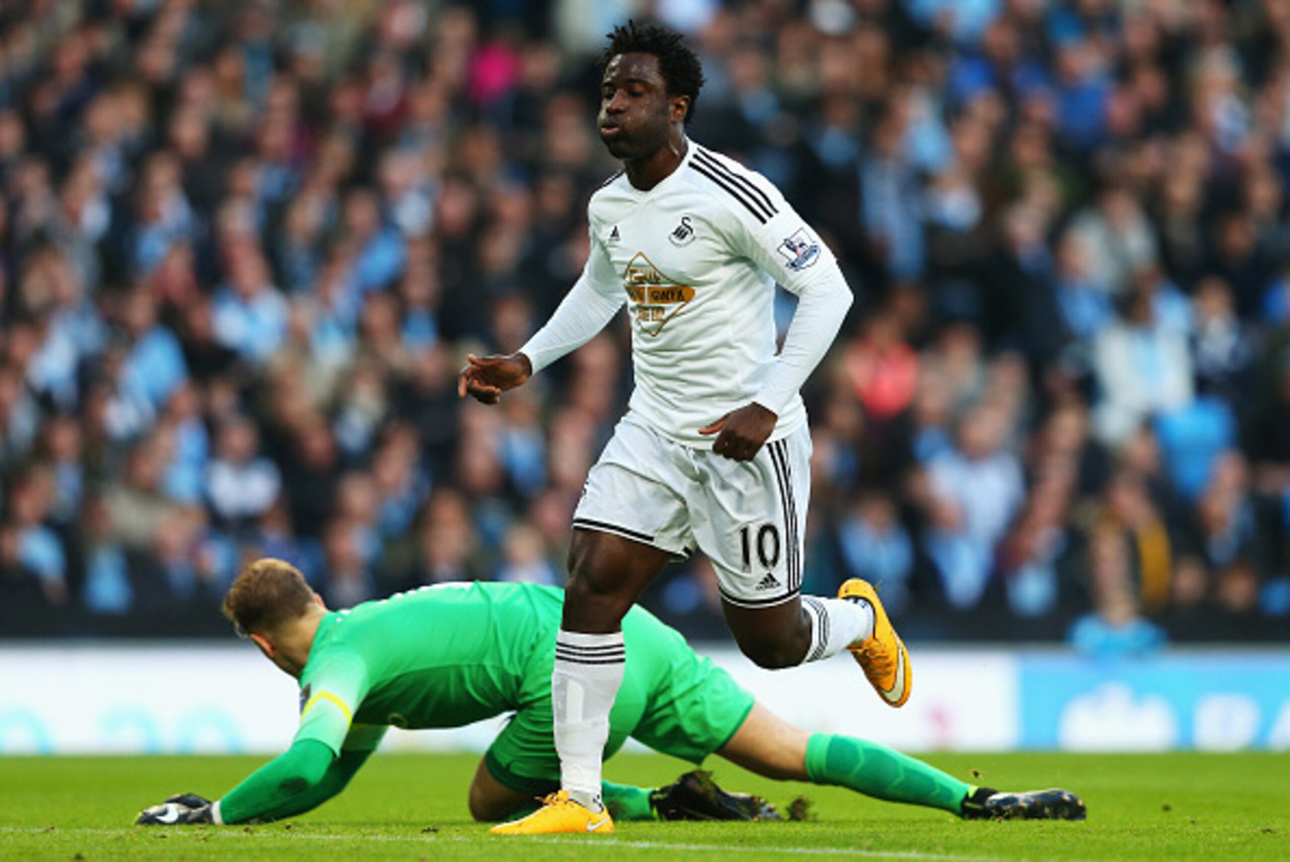 MANCHESTER, ENGLAND - NOVEMBER 22:  Wilfried Bony of Swansea City celebrates his opening goal during the Barclays Premier League match between Manchester City and Swansea City at Etihad Stadium on November 22, 2014 in Manchester, England.  (Photo by Alex 