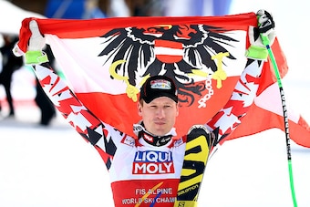 BEAVER CREEK, CO - FEBRUARY 05:  Hannes Reichelt of Austria celebrates after winning the Men's Super-G in Red Tail Stadium on Day 4 of the 2015 FIS Alpine World Ski Championships on February 5, 2015 in Beaver Creek, Colorado.  (Photo by Al Bello/Getty Ima