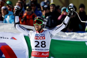 BEAVER CREEK, CO - FEBRUARY 05:  Dustin Cook of Canada reacts after crossing the finish of the Men's Super-G in Red Tail Stadium on Day 4 of the 2015 FIS Alpine World Ski Championships on February 5, 2015 in Beaver Creek, Colorado.  (Photo by Al Bello/Get