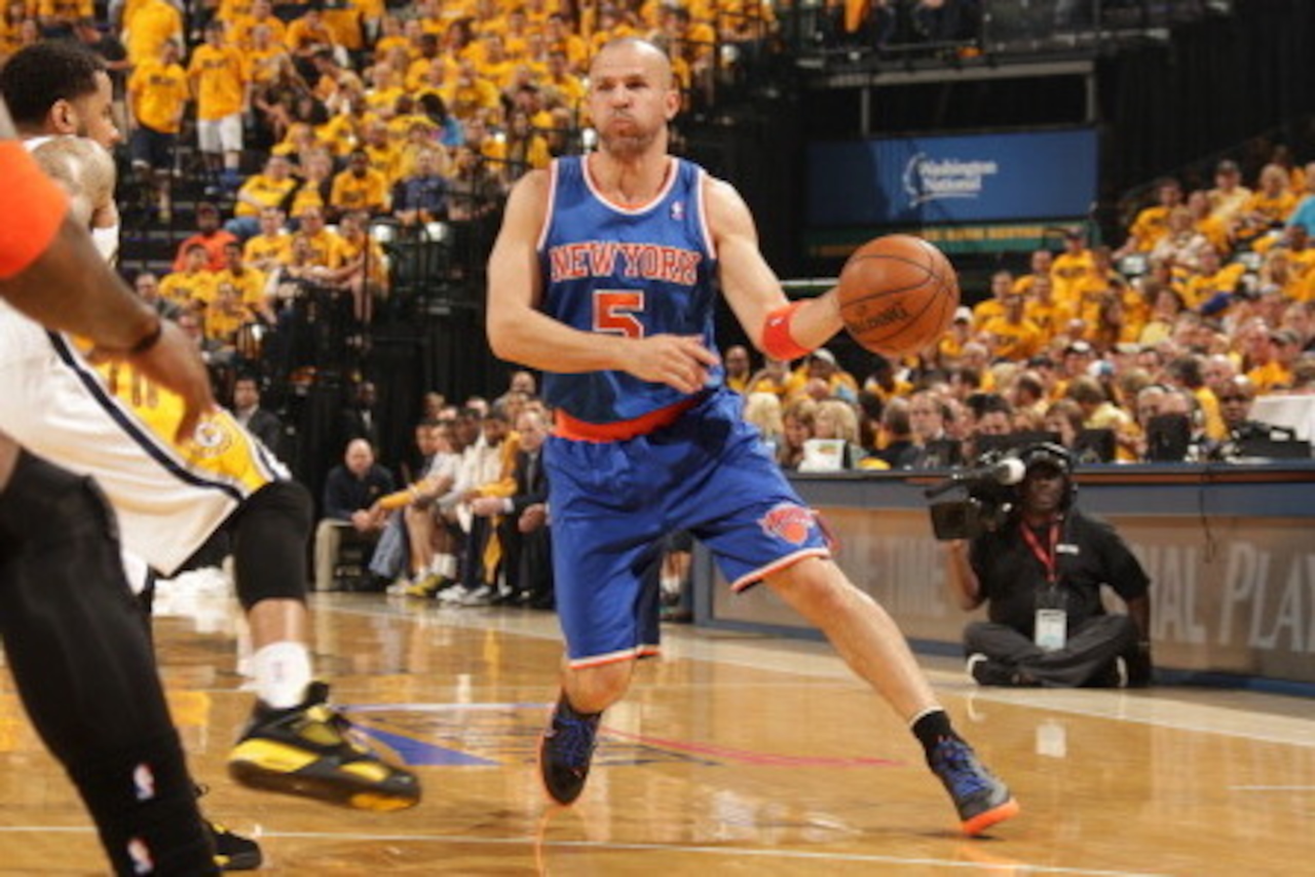 INDIANAPOLIS, IN - MAY 18:  Jason Kidd #5 of the New York Knicks drives during Game Six of the Eastern Conference Semifinals between the New York Knicks and the Indiana Pacers during the 2013 NBA Playoffs on May 18, 2013 at Bankers Life Fieldhouse in Indi