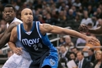 Jan 31, 2015; Orlando, FL, USA;  Dallas Mavericks forward Richard Jefferson (24) looks to rebound by blocking Orlando Magic center Dewayne Dedmon (3) during the second quarter of an NBA basketball game at Amway Center. Mandatory Credit: Reinhold Matay-USA