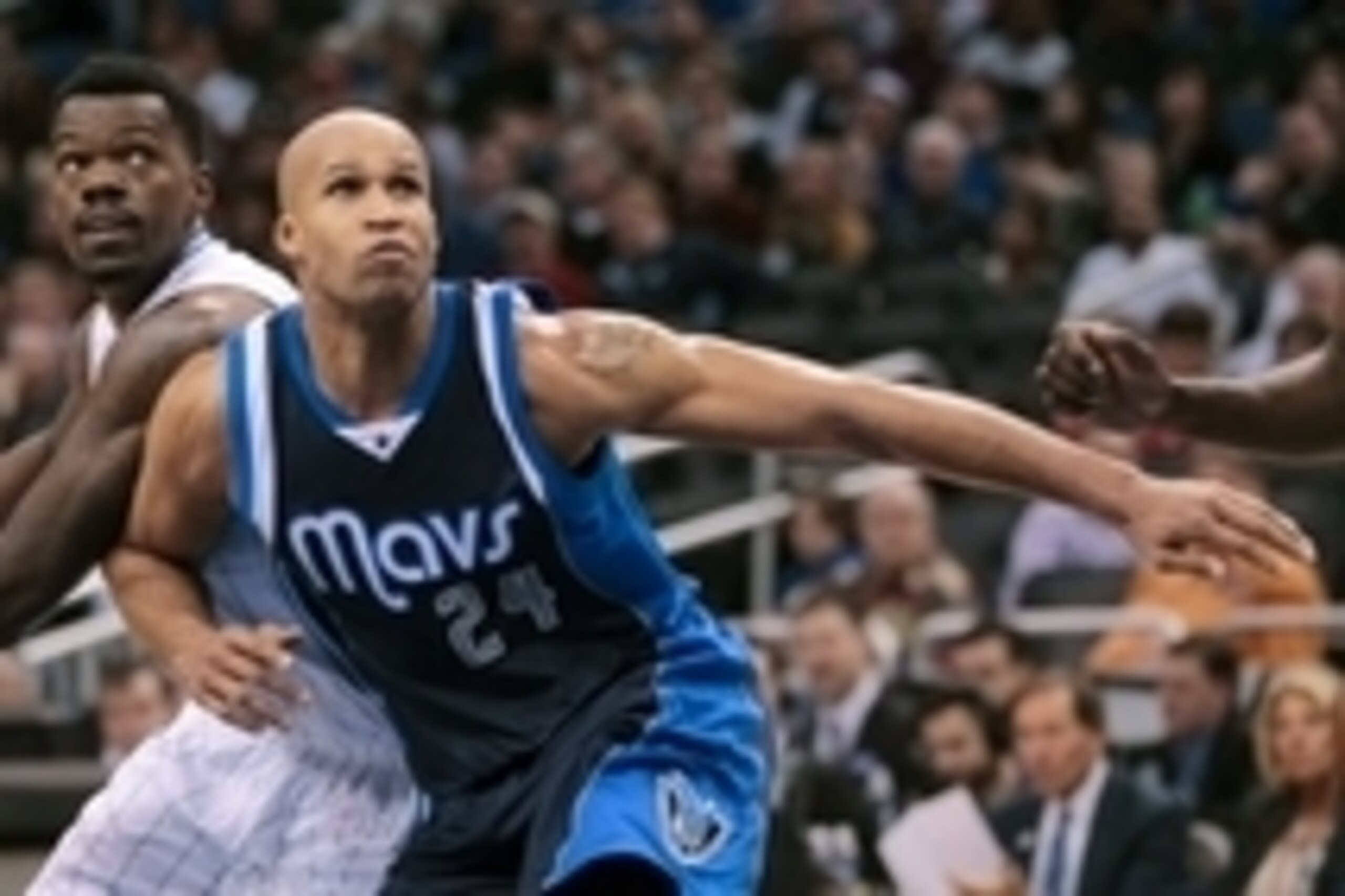Jan 31, 2015; Orlando, FL, USA;  Dallas Mavericks forward Richard Jefferson (24) looks to rebound by blocking Orlando Magic center Dewayne Dedmon (3) during the second quarter of an NBA basketball game at Amway Center. Mandatory Credit: Reinhold Matay-USA