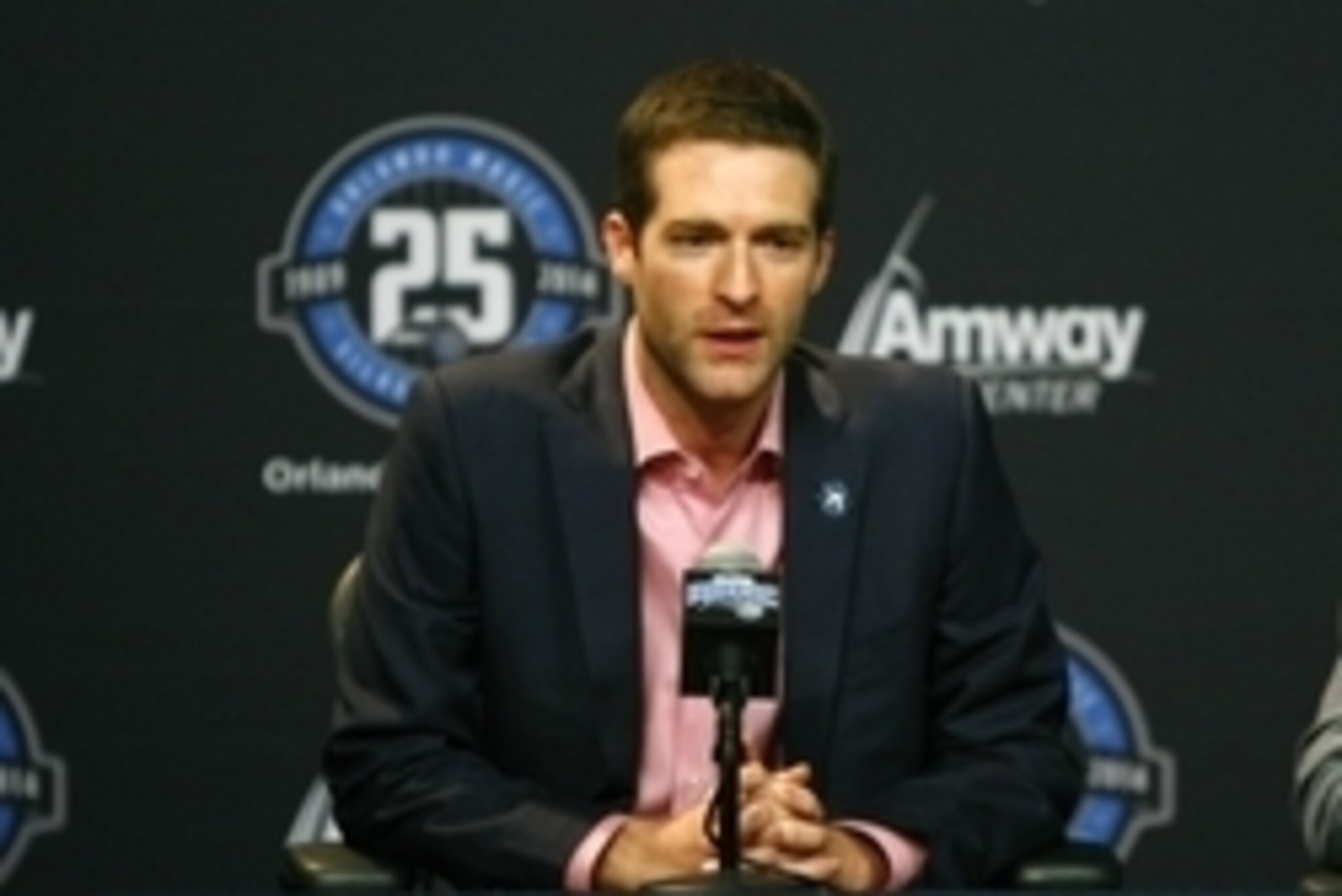 Jun 28, 2013; Orlando, FL, USA; Orlando Magic general manager Rob Hennigan addresses the media regarding the first round draft pick Victor Oladipo and second round draft pick Romero Osby during a press conference at the Amway Center. Mandatory Credit: Dou