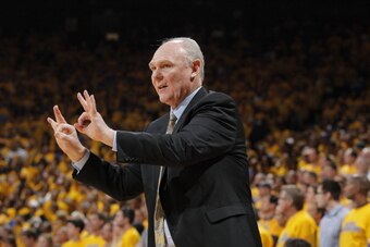 OAKLAND, CA - MAY 2: Head Coach George Karl of the Denver Nuggets instructs his players against the Golden State Warriors in Game Six of the Western Conference Quarterfinals during the 2013 NBA Playoffs on May 2, 2013 at Oracle Arena in Oakland, Californi