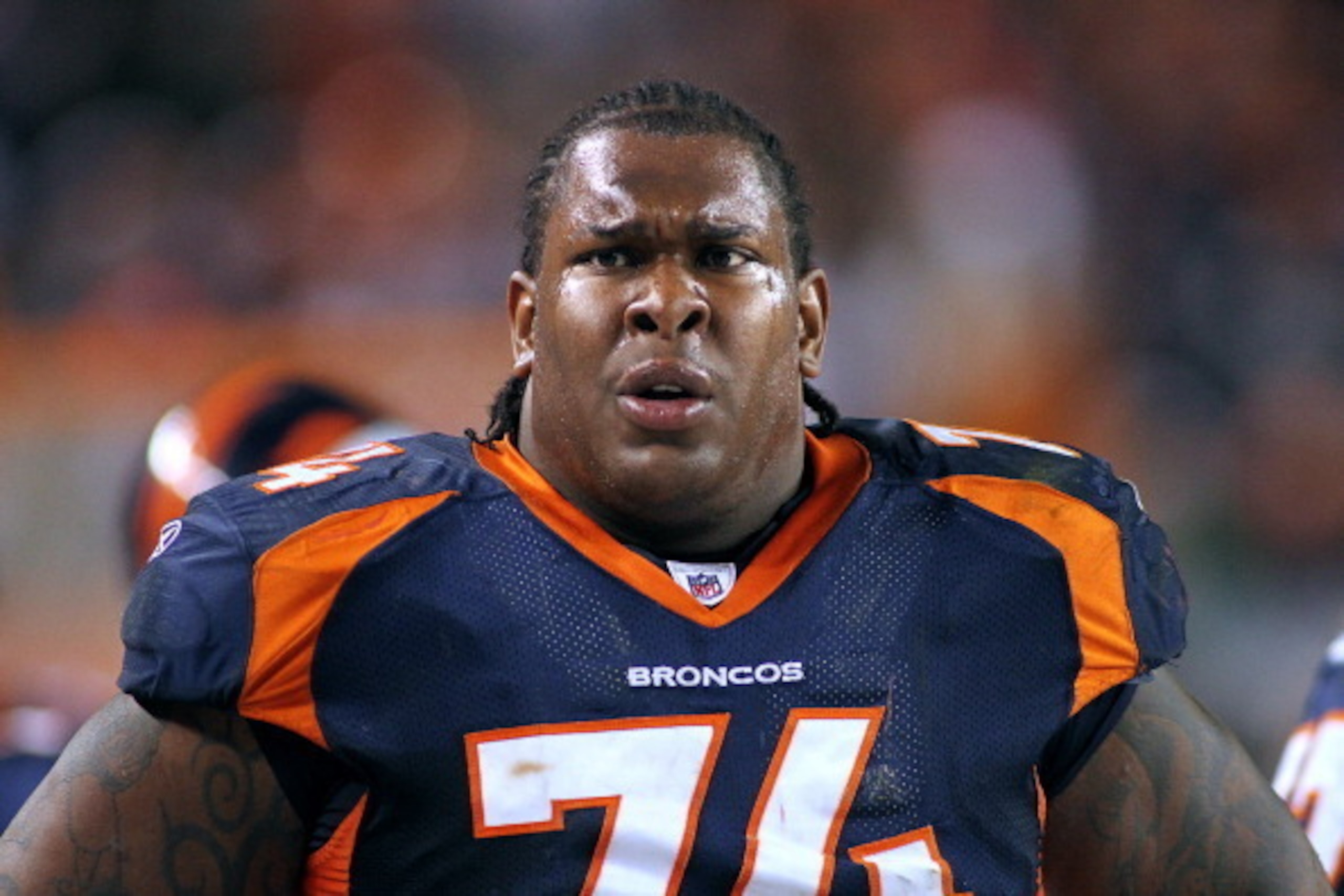 DENVER, CO - DECEMBER 18: Orlando Franklin #74 of the Denver Broncos on the sidelines against the New England Patriots on December 18, 2011 during the first half at Sports Authority Field at Mile High in Denver, Colorado. The New England Patriots won the 