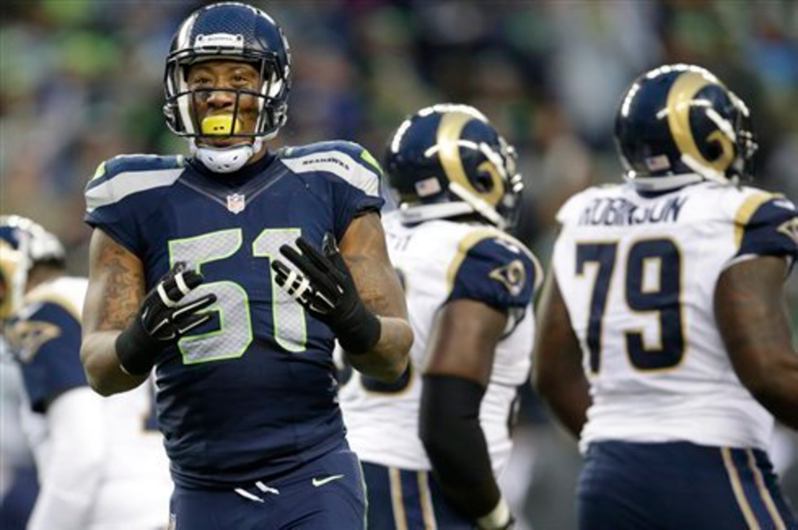 Bruce Irvin playing for the Seattle Seahawks, who have been to back-to-back Super Bowls the past two years.
