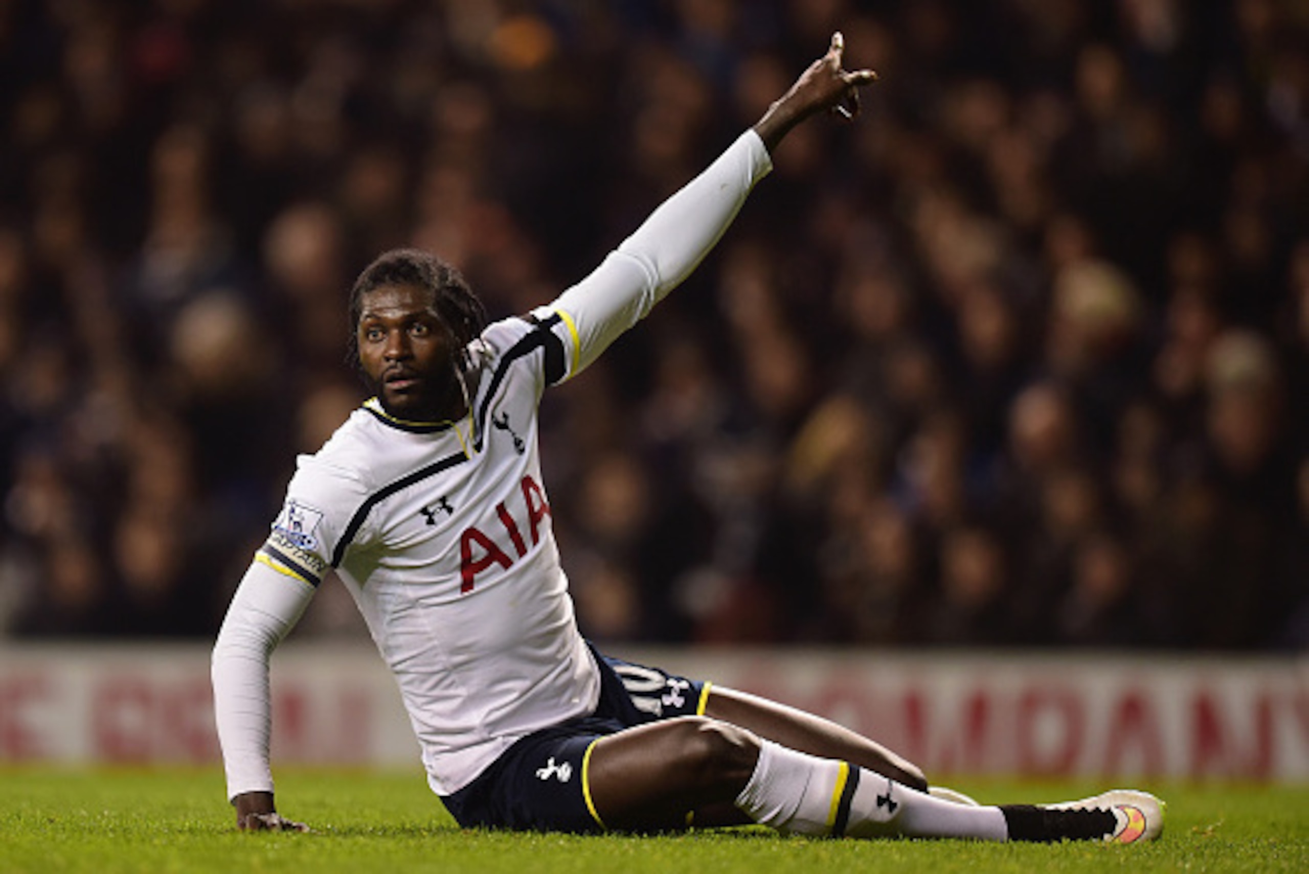 LONDON, ENGLAND - JANUARY 21:  Emmanuel Adebayour of Spurs reacts during the Capital One Cup Semi-Final first leg match between Tottenham Hotspur and Sheffield United at White Hart Lane on January 21, 2015 in London, England.  (Photo by Jamie McDonald/Get