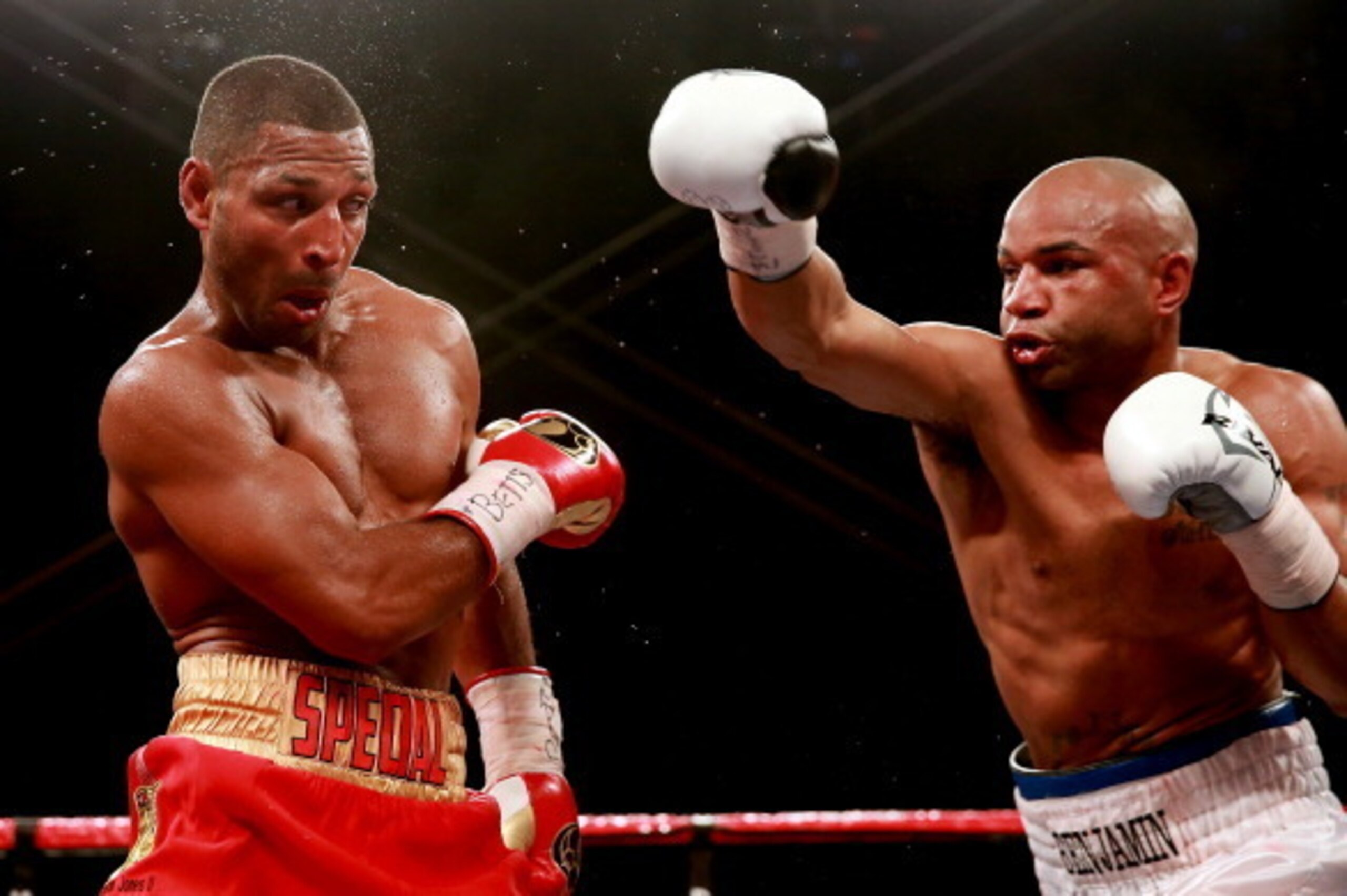 HULL, ENGLAND - JULY 13:  Kell Brook in action with Carson Jones during their International Welterweight bout at Craven Park Stadium on July 13, 2013 in Hull, England.  (Photo by Scott Heavey/Getty Images)
