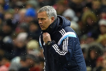 LIVERPOOL, ENGLAND - JANUARY 20:  Jose Mourinho manager of Chelsea gives direction during the Capital One Cup Semi-Final first leg match between Liverpool and Chelsea at Anfield on January 20, 2015 in Liverpool, England.  (Photo by Michael Regan/Getty Ima
