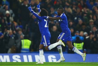 LONDON, ENGLAND - JANUARY 04:  Willian of Chelsea (L) celebrates with Ramires (R) as he scores their first goal during the FA Cup Third Round match between Chelsea and Watford at Stamford Bridge on January 4, 2015 in London, England.  (Photo by Richard He