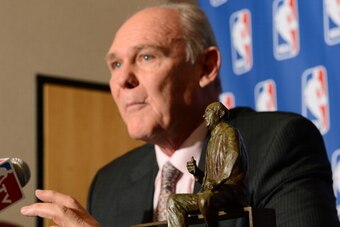 DENVER, CO - MAY 8:  Head Coach George Karl of the Denver Nuggets speaks to the media after being named 2012-2013 NBA Coach of the Year on May 8, 2013 at the Pepsi Center in Denver, Colorado. NOTE TO USER: User expressly acknowledges and agrees that, by d