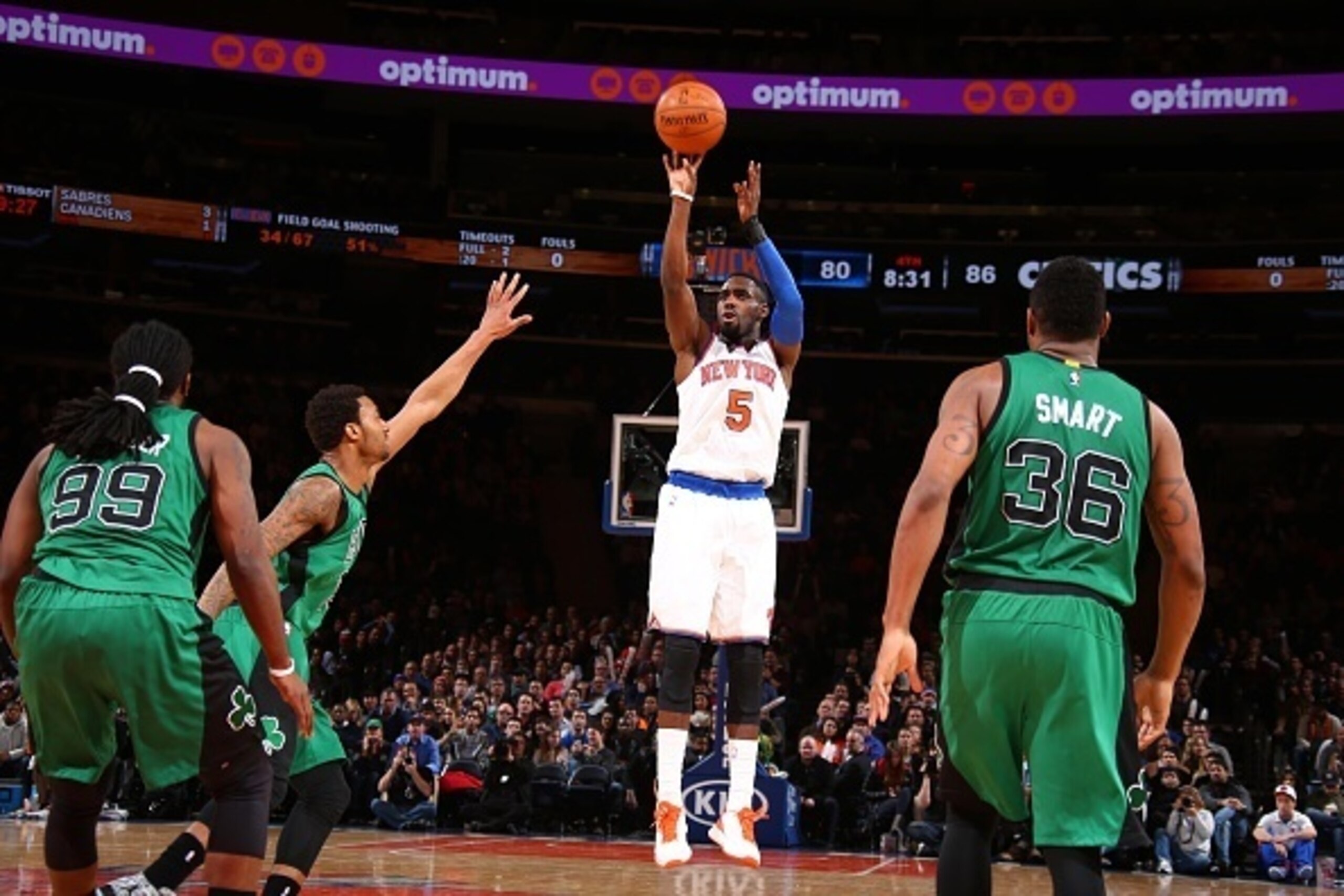 NEW YORK, NY - FEBRUARY 3:  Tim Hardaway Jr. #5 of the New York Knicks shoots against the Boston Celtics on February 3, 2015 at Madison Square Garden in New York City.  NOTE TO USER: User expressly acknowledges and agrees that, by downloading and or using