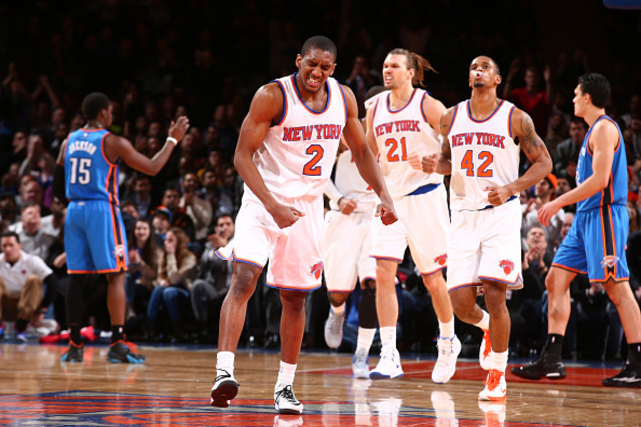 NEW YORK, NY - JANUARY 28:  Langston Galloway #2 of the New York Knicks celebrates during the game against the Oklahoma City Thunder on January 28, 2015 at Madison Square Garden in New York City, New York.  NOTE TO USER: User expressly acknowledges and ag