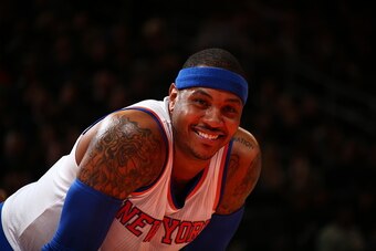 NEW YORK, NY - FEBRUARY 3:  Carmelo Anthony #7 of the New York Knicks smiles during the game against the Boston Celtics on February 3, 2015 at Madison Square Garden in New York City.  NOTE TO USER: User expressly acknowledges and agrees that, by downloadi